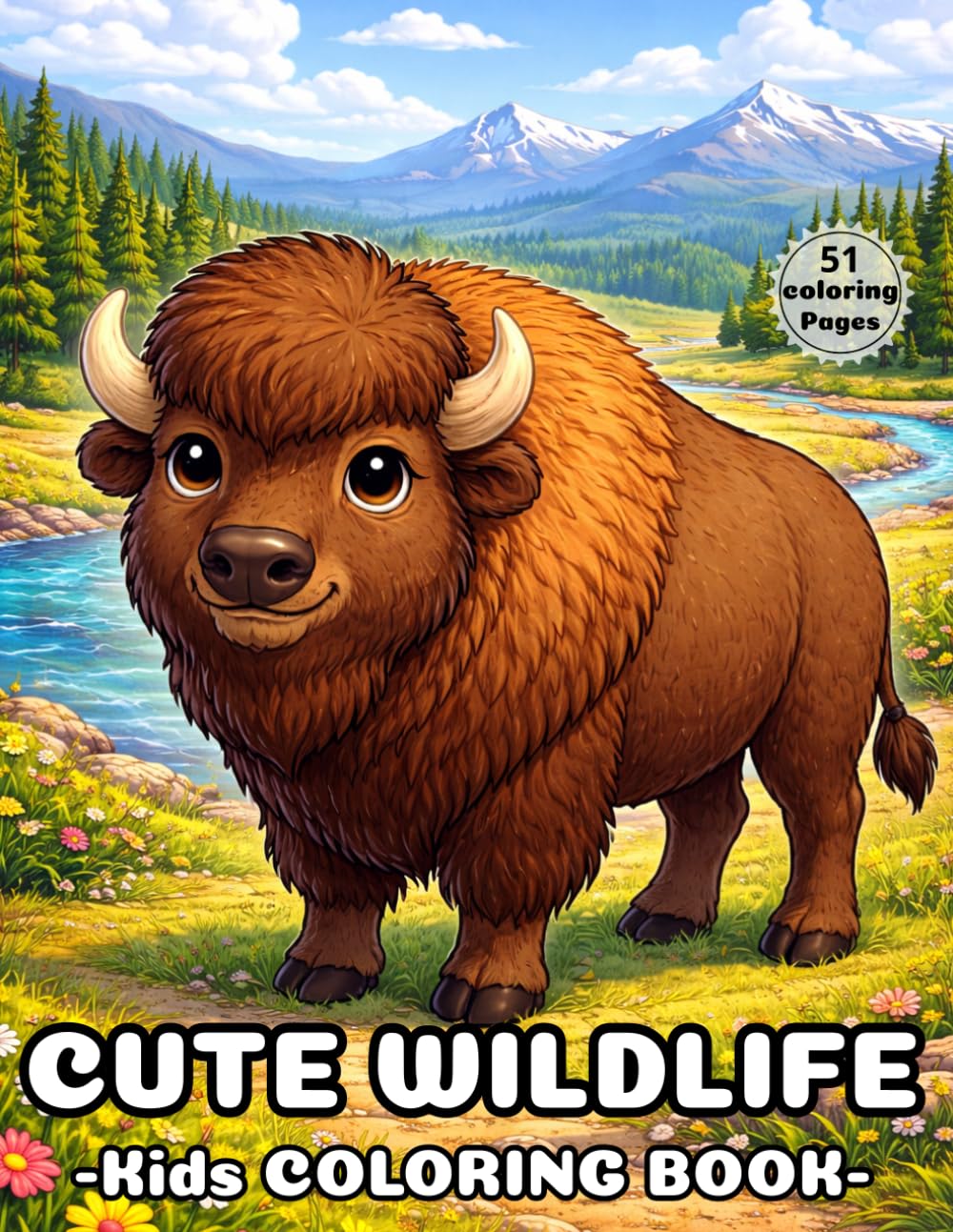 Cute Wildlife Coloring Book for Kids: Fun Forest Animals, Bison, Bears, Deer & Nature Scenes for Boys and Girls
