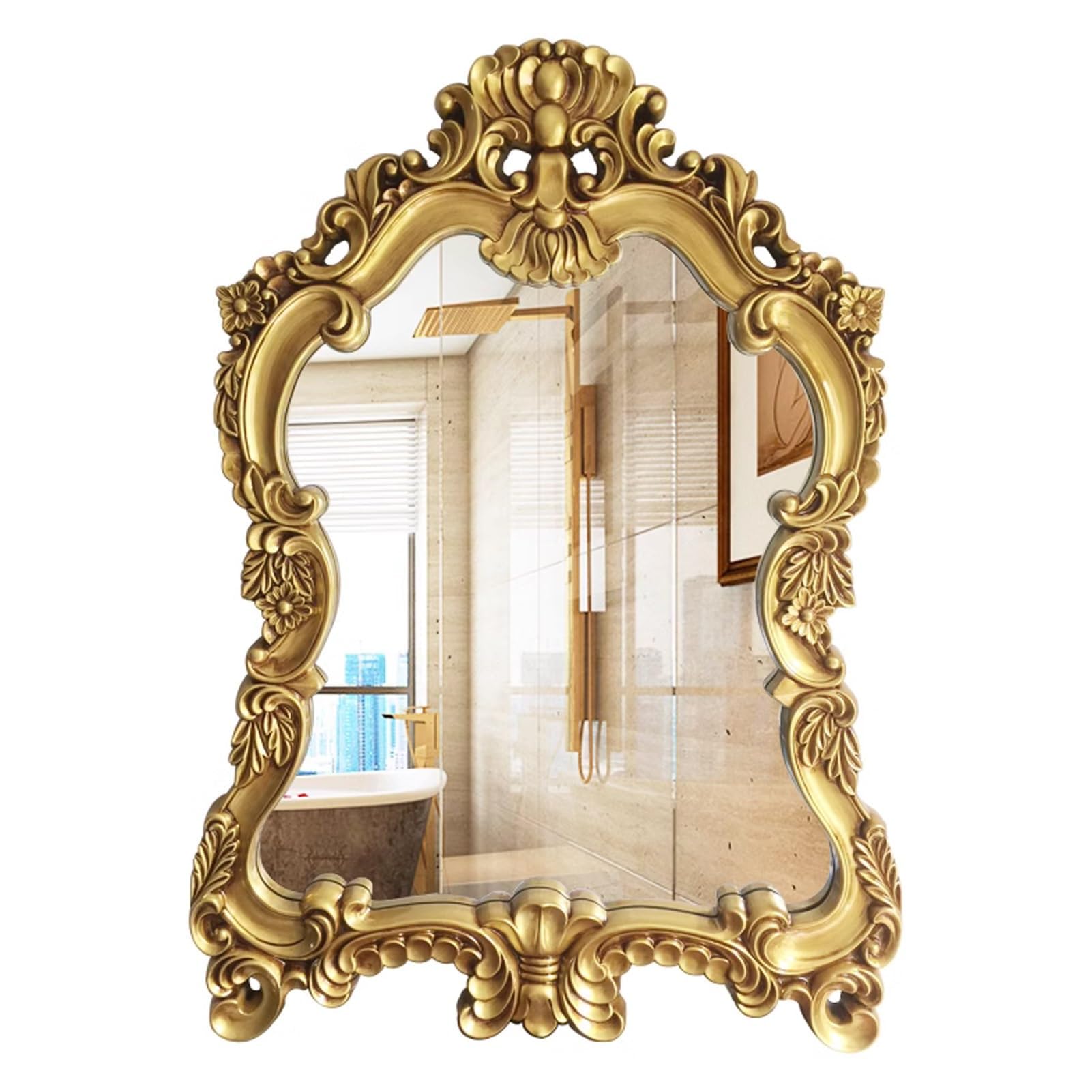Espejo antiguo, espejo de baño barroco ornamentado, espejo de pared decorativo tradicional de 57 x 77 cm, espejo colgante vintage para tocador, espejo de entrada para sala de estar (color: dorado)