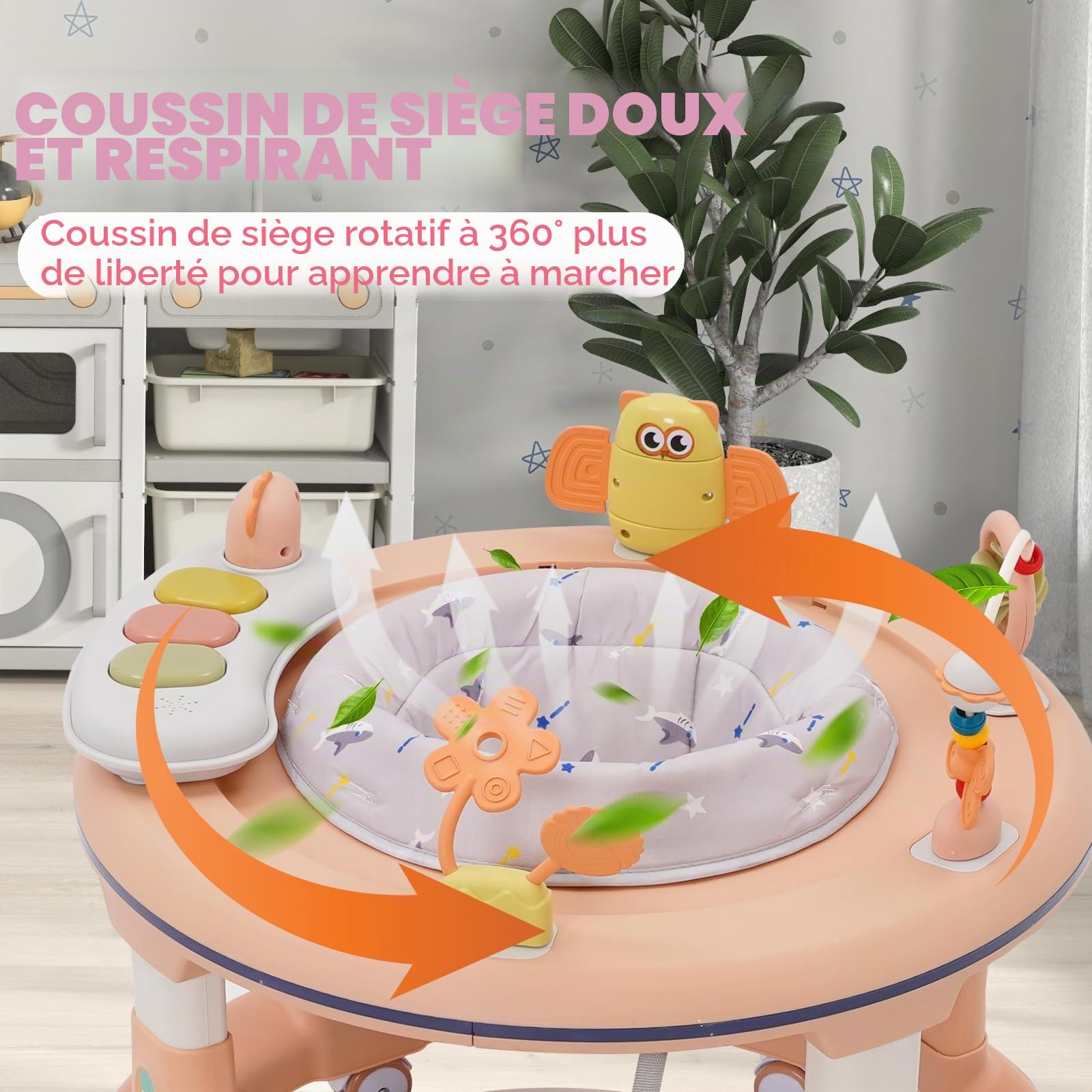 Bébé Trotteur 3 en 1(mode Marcheur, Table d'étude, Sauteur), Réglage de la hauteur sur 5 Niveaux, Design anti-O-Legs,Roues Silencieuses à 360°–Convient aux Filles à partir de 6 Mois Rose