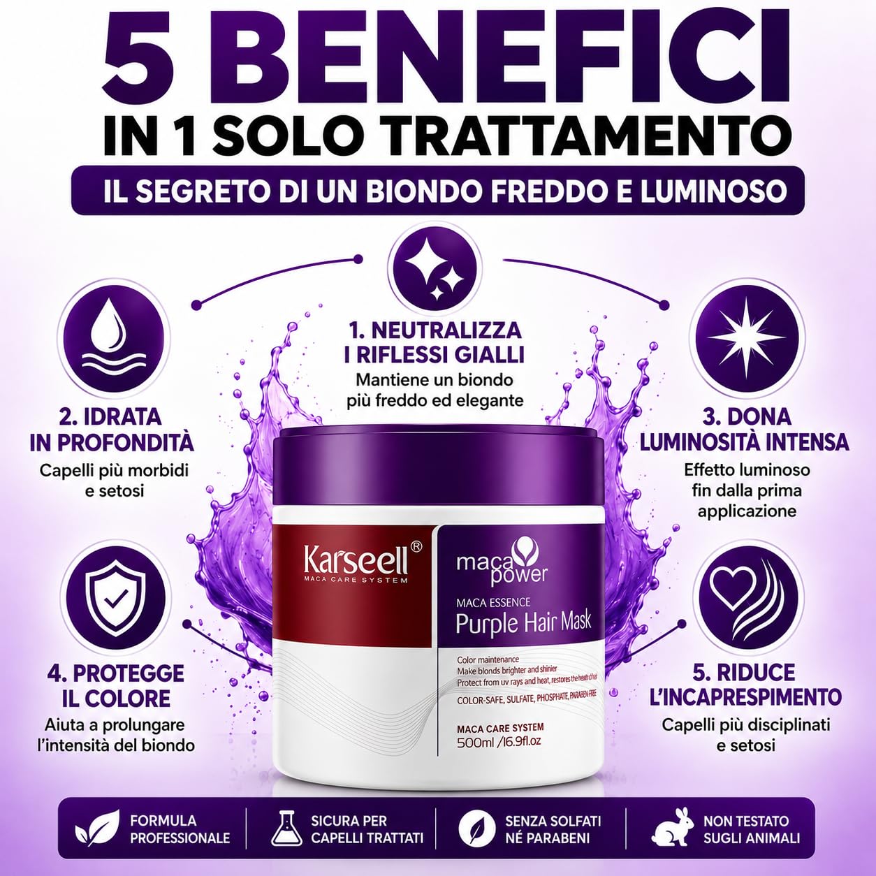 Karseell MACA CARE SYSTEM Set Professionale Antigiallo Maschera Viola 500ml Shampoo Viola 500ml Siero Olio di Argan 50ml per Capelli Biondi Platino e Grigi Idratante Riparatore Antifrizz