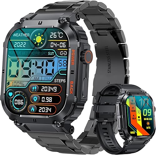 Reloj inteligente militar para hombres, más de 100 modos deportivos, rastreador de fitness, 1.96 pulgadas, HD, táctico, resistente, reloj