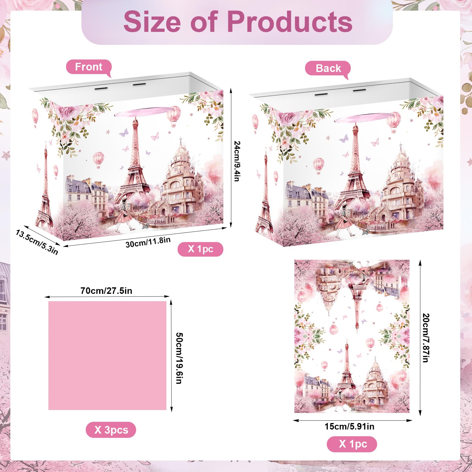 Wxiben Paris Themed Party Decorations - Eiffel Tower Gift Bag, Pink Flower Party Favor Wrapping Bag with Handle Tissue Paper Greeting Card, Birthday Baby Shower Decor Supplies for Women Girls