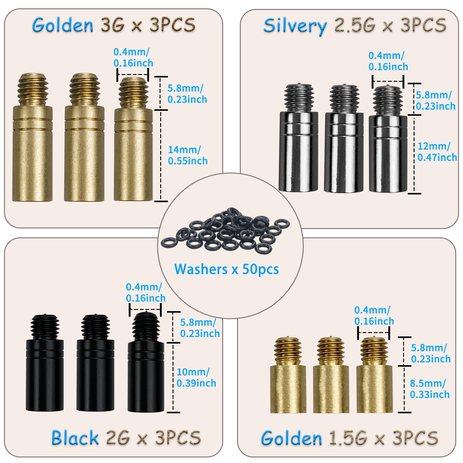 12 Pezzi 3 Colori Pesi per Freccette in Ottone, con Peso per Freccette con 50 Filo 2ba Accessori Freccette per Contrappeso Freccette(Oro 3g, 2,5g, Argento, 2g Nero, 1,5g Oro)