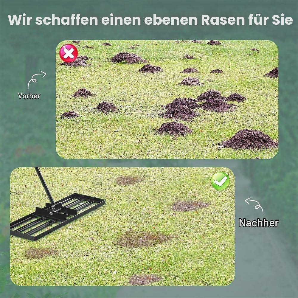 Rasen Nivellierungsrechen, Nivellierrechen,76 x 25 cm mit Stiel, Rasennivilierrechen, Rasenglätter Faltbar, Rakel für Rasen, zum Nivellieren von Rasen/Sand/Boden für den Garten-Golfplatz.