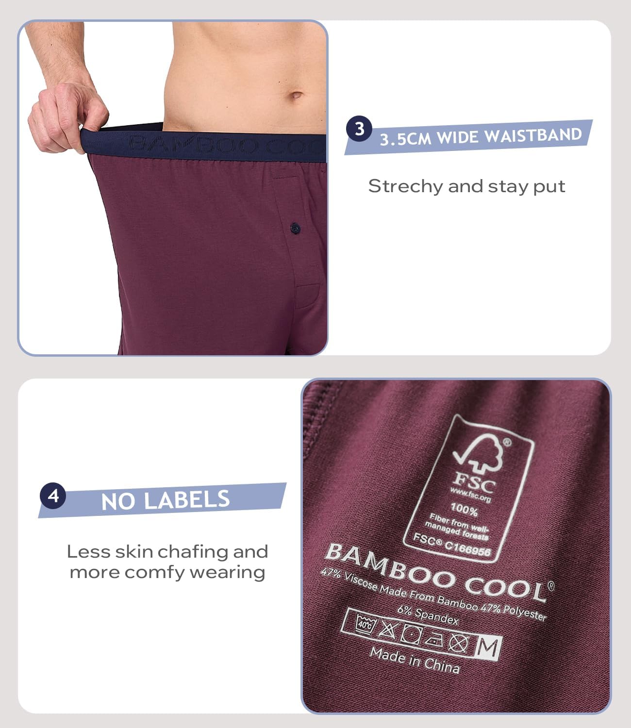 BAMBOO COOL Mens Underwear Boxers Moisture-wicking and Cool Men's Boxer Shorts Loose Fit Super Soft 4 Pack