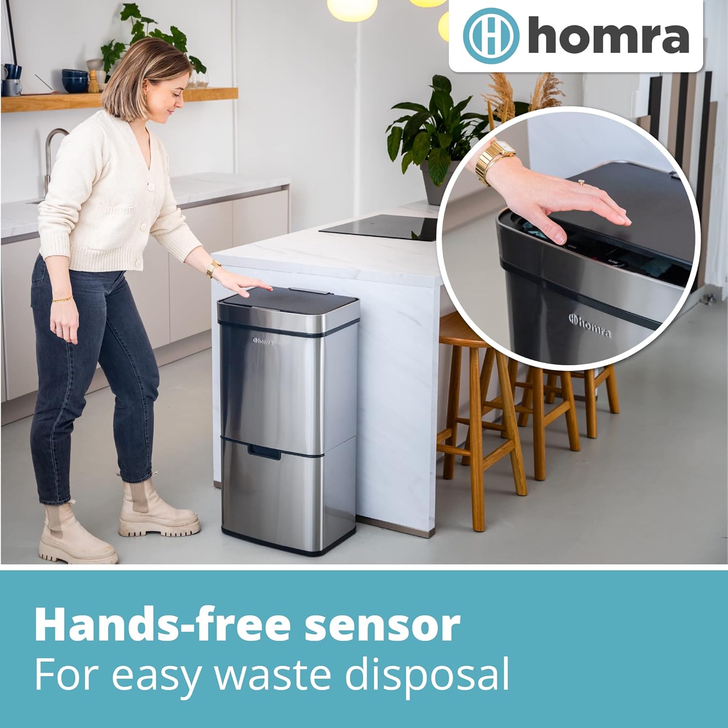 Person using the hands-free sensor on the Homra Nexo waste bin, with an inset showing a close-up of a hand hovering over the sensor.