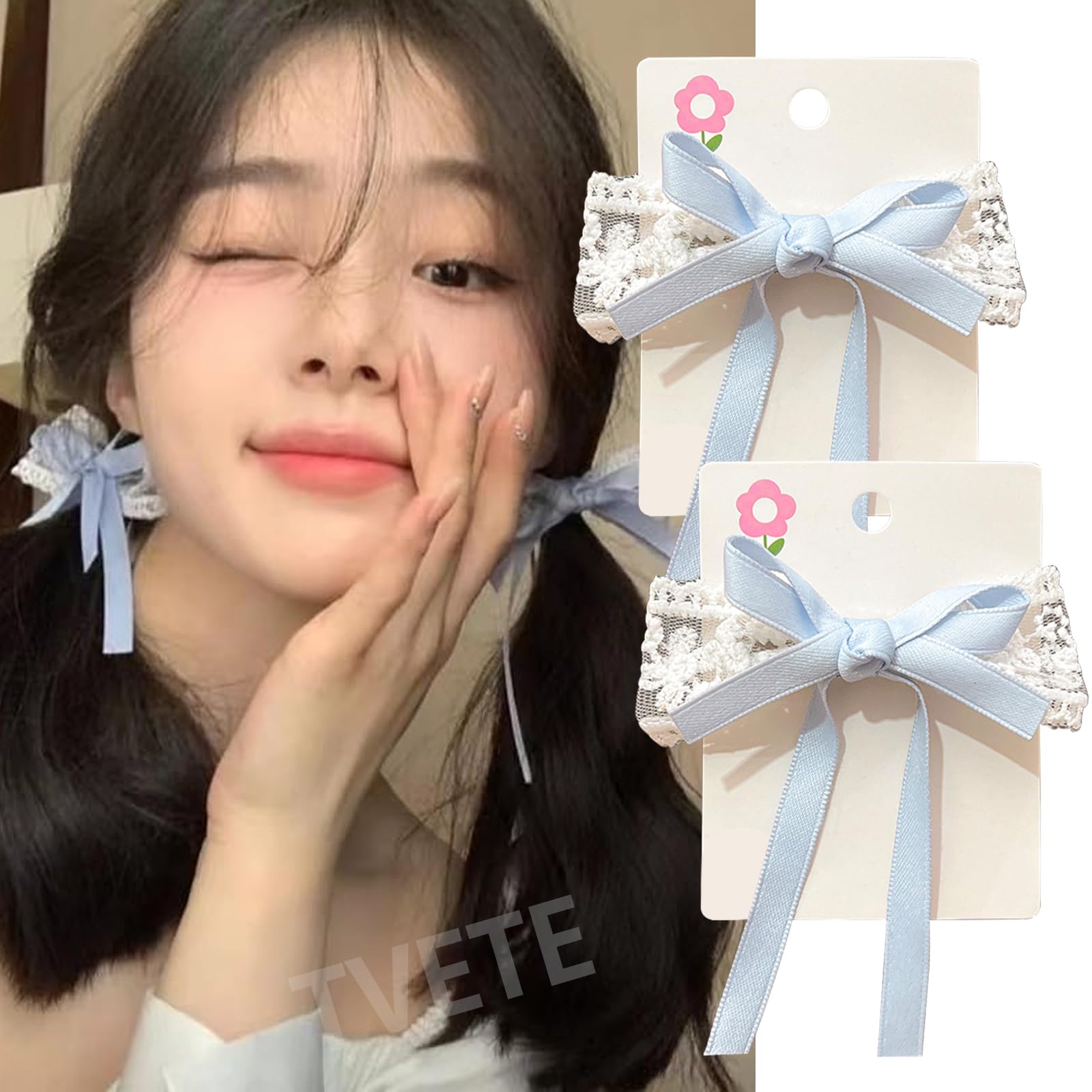 Amazon.co.jp: TVETE 水色 髪飾り リボン ヘアクリップ 【2個入り