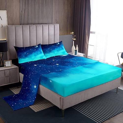 Miniatura 3 de Juego de sábanas de tamaño matrimonial, diseño de galaxia y luna para niños pequeños, juego de sábanas con estética Kawaii y cielo estrellado suave