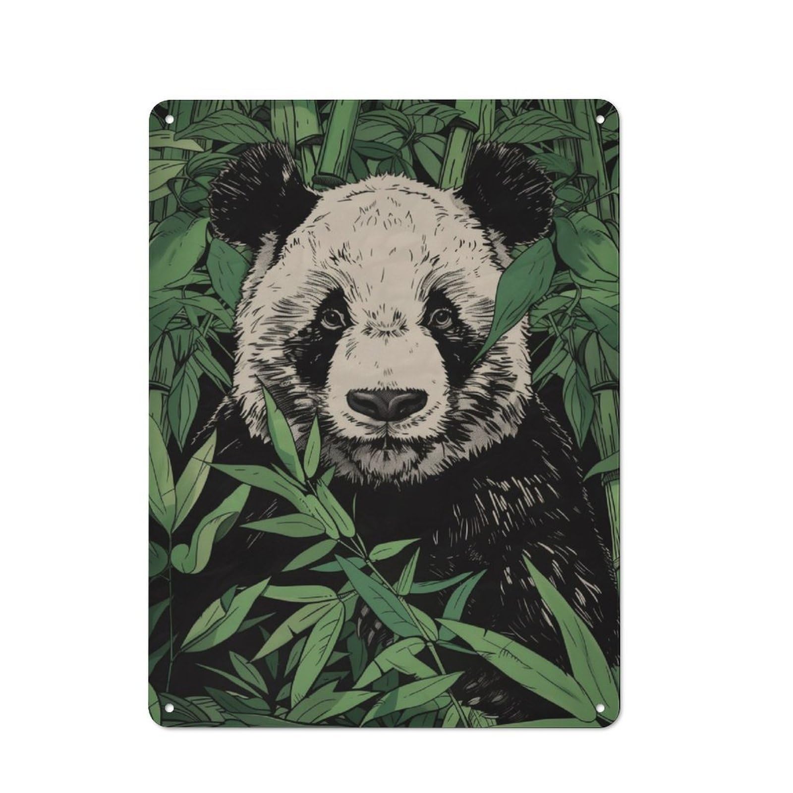 Classic Decorative Tin Plaque 40x30cm Featuring Panda in Bamboo, Novelty Wall Art for Home, Shop, Pub Or Studio Wall
