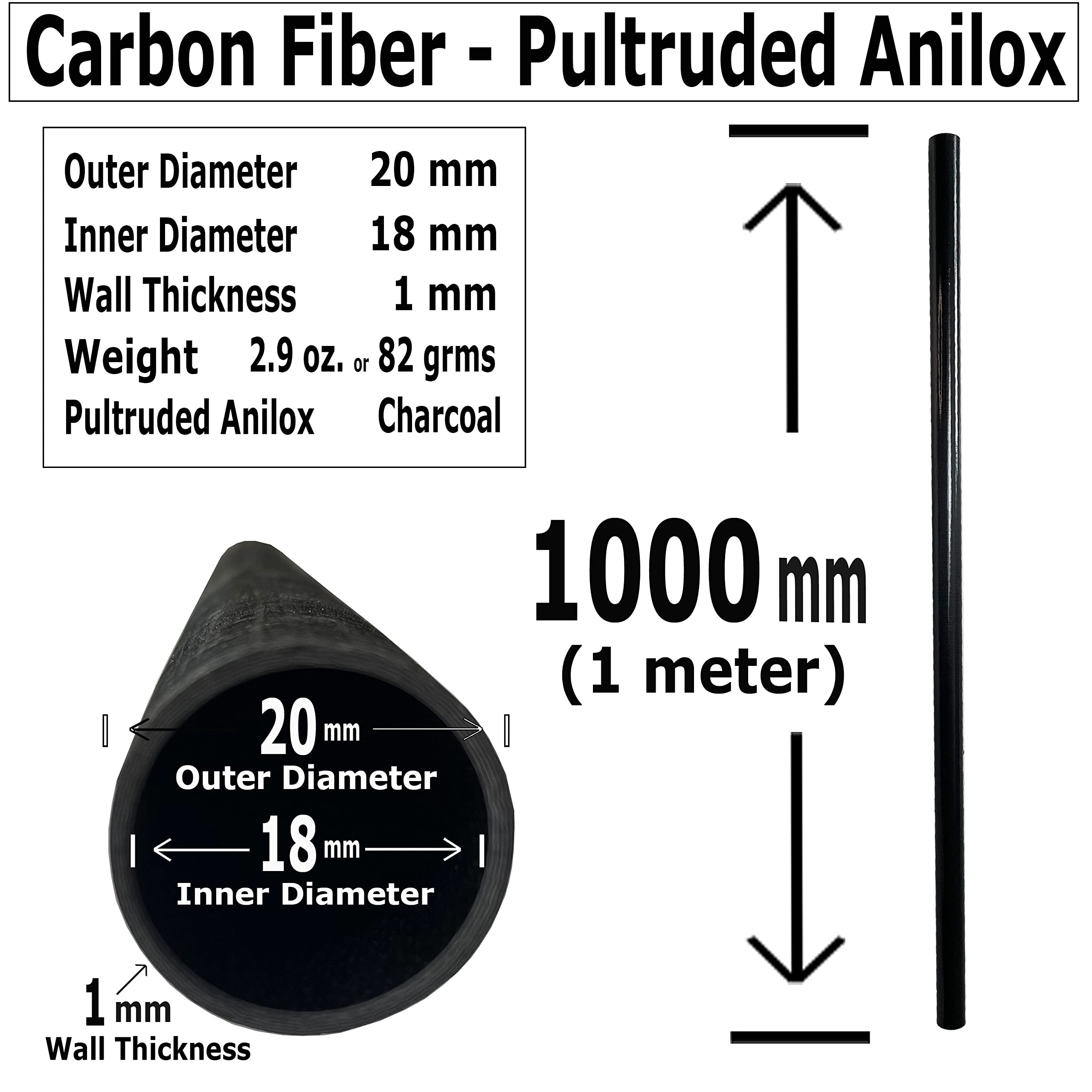 KARBXON – Carbon Fiber Tube – 20mm X 18mm x 1000mm – Pultruded Anilox Round Hollow Carbon Fiber rods Matte Finish - Pure Carbon Fibre Hollow Tube shafts - for RC Planes-Drones – Charcoal Grey (1)