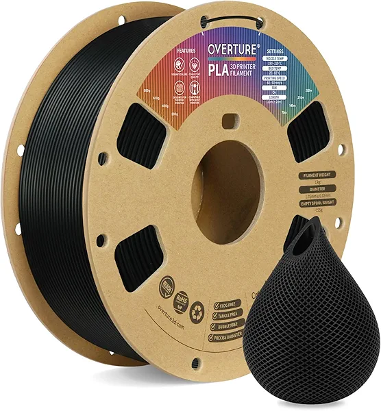 OVERTURE PLA Filament 1.75mm, Neatly Wound 3D Printer Filament 1kg Spool (2.2lbs), Dimensional Accuracy +/- 0.02 mm, Fit Most FDM 3D Printers (Black 1-Pack)