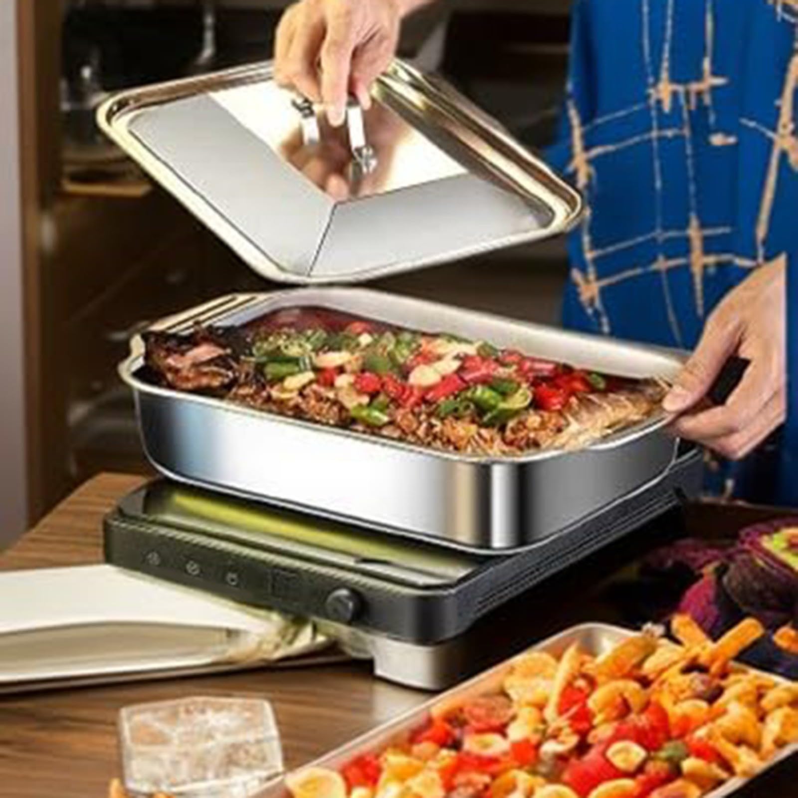 Padella per lasagne in acciaio inox di grado commerciale, profonda 7,6 cm, con manici rivettati e coperchio, perfetta per casseruole e pentole resistenti