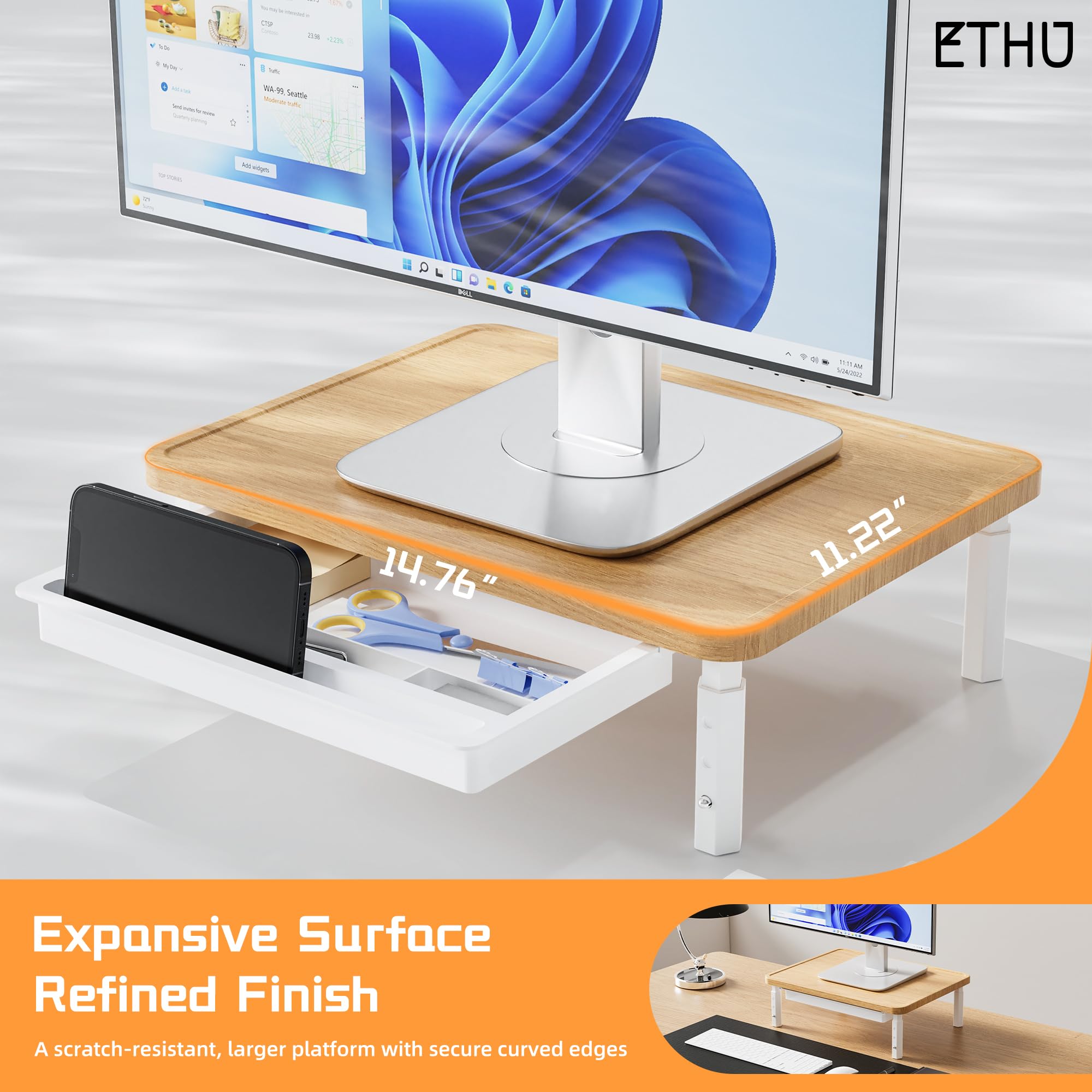 ETHU Supporto per monitor regolabile a 3 altezze, alzata da scrivania in legno con cassetto portaoggetti per monitor e stampante portatile, organizer da scrivania da 37,5 x 28,5 cm, può contenere 25
