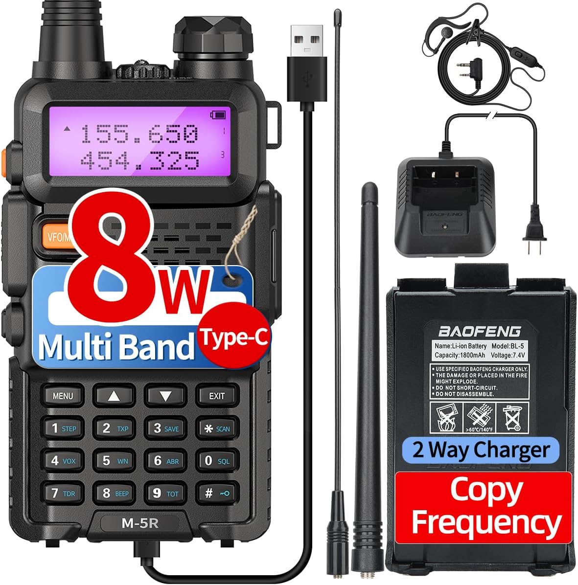 Ham Radio Baofeng UV-5R 8W Radio Upgrade Handheld Long Range UV5R Walkie Talkies with Earpiece M-5R 5RX Multi Band Two Way Radio with Copy Frequency,USB-C Charginng for Hunting Survival Gear