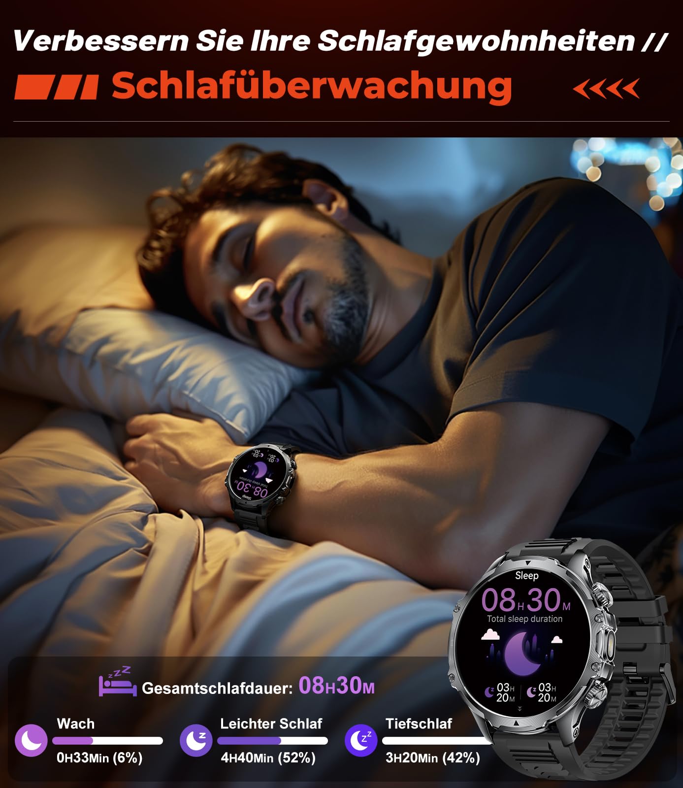 Smartwatch Herren 800 mAh Akku,1.85'' Großes Display/LED Taschenlampe mit Telefonfunktion,IP68 Wasserdicht Fitnessuhr mit 110+ Sportmodi Herz-/Schlaftracking für Android iOS