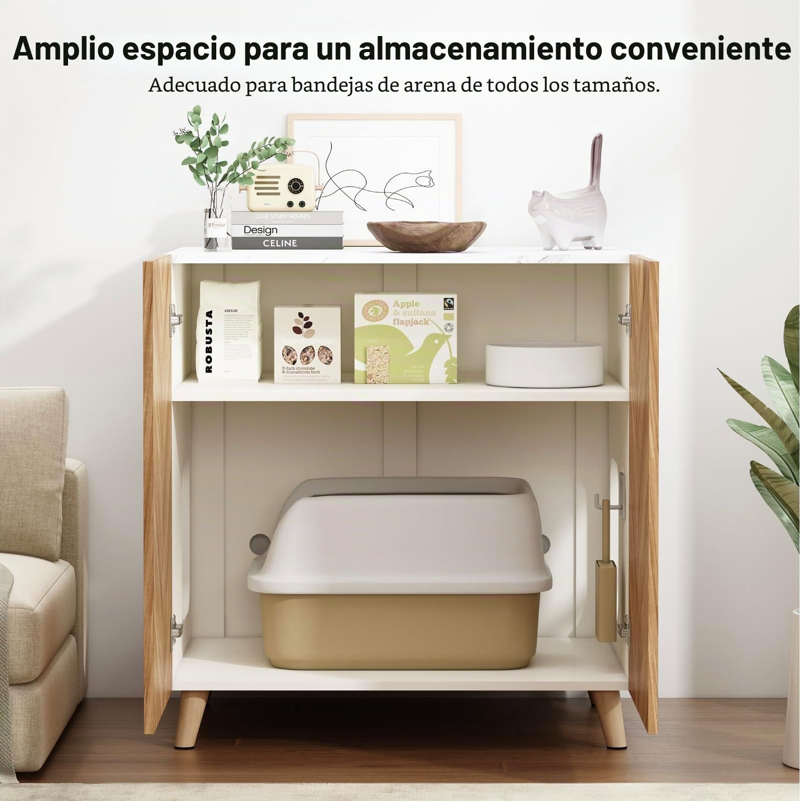 Mueble para Arenero de Gato, Mueble de Baño para Gatos con Puerta Doble y Agujeros de Ventilación, Casa para Gatos con Patrón Espina de Pescado, Armario para Esconder la Arena, Blanco