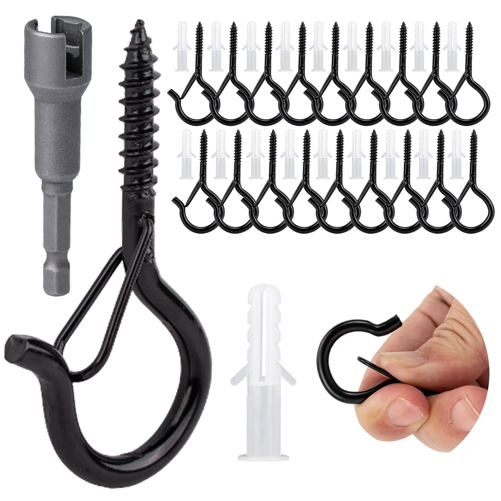 KINGLAKE Screw in Hooks, 30 Pcs Q Hanger Hooks for Outdoor Christmas String Light Safety Buckle