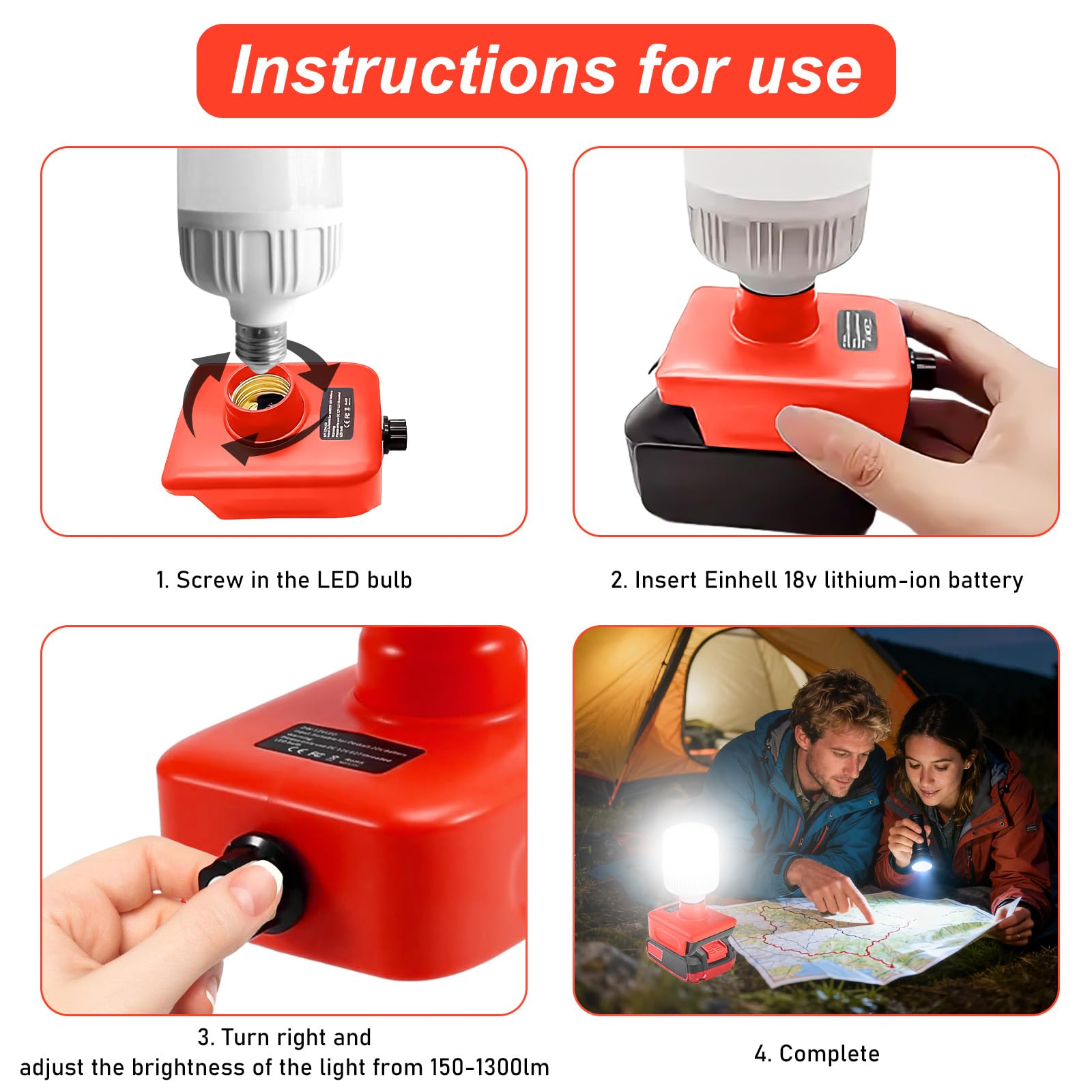 Akku-Lampe Für Einhell 18V – 12W LED, E27, Dimmbar 350–1300 Lm, 5500–6500K – Kabelloser Arbeitsstrahler Für Baustelle, Camping & Notfall