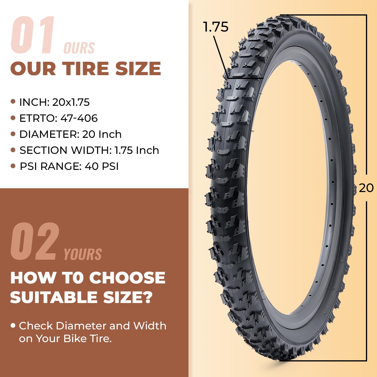 2 pneumatici da bicicletta da 20 x 1,75 cm, 20 x 1,75, 47 – 406, compatibili con mountain bike, bici da corsa, 20 x 1,50, 20 x 1,75, 20 x 1,90, pieghevoli