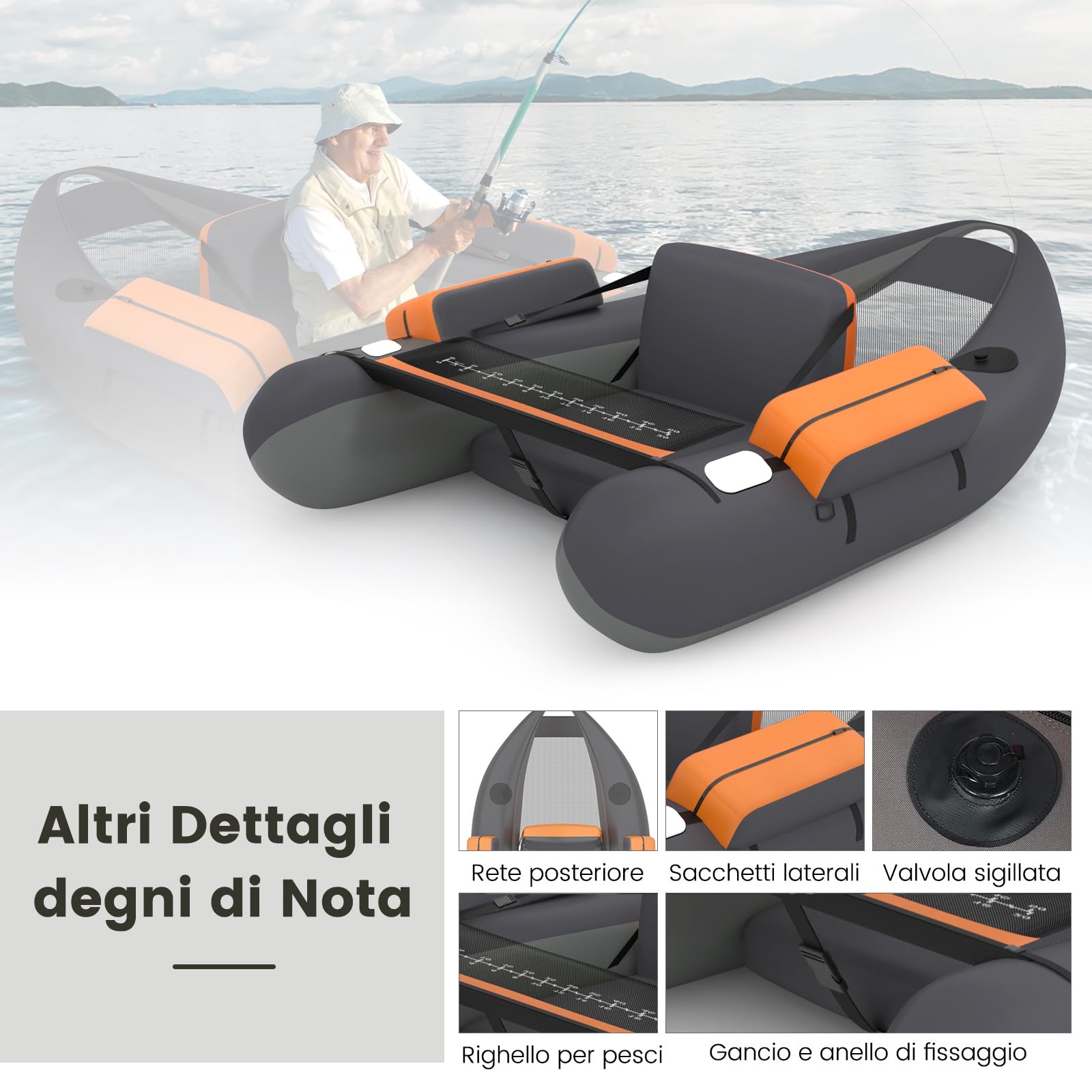 COSTWAY Gommone Gonfiabile da Pesca, Belly Boat con Statori per Amo Pesca, 2 Pinne, Pagaia in Alluminio, Pompa, Spallacci e Kit di Riparazione, Portata 160 kg