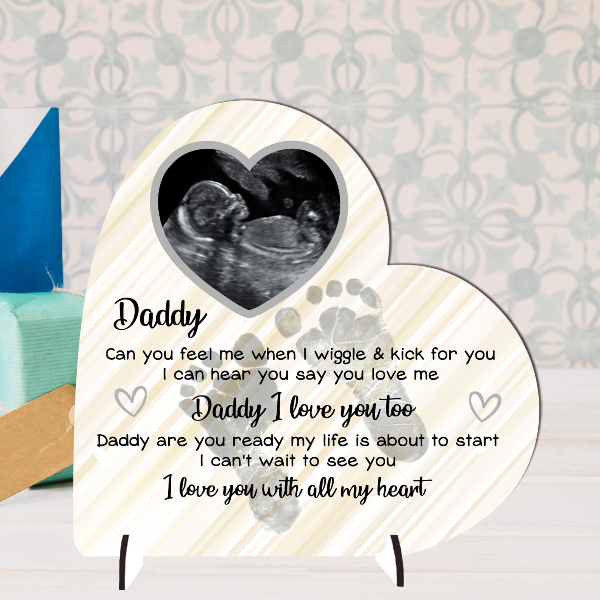 Personalised Heart Plaque - Daddy Gift from Bump | Baby Scan Photo Frame | Handmade Baby Bump Gift | Father's Day Present (Mdf Wood 19cm x 19cm, Lemon)