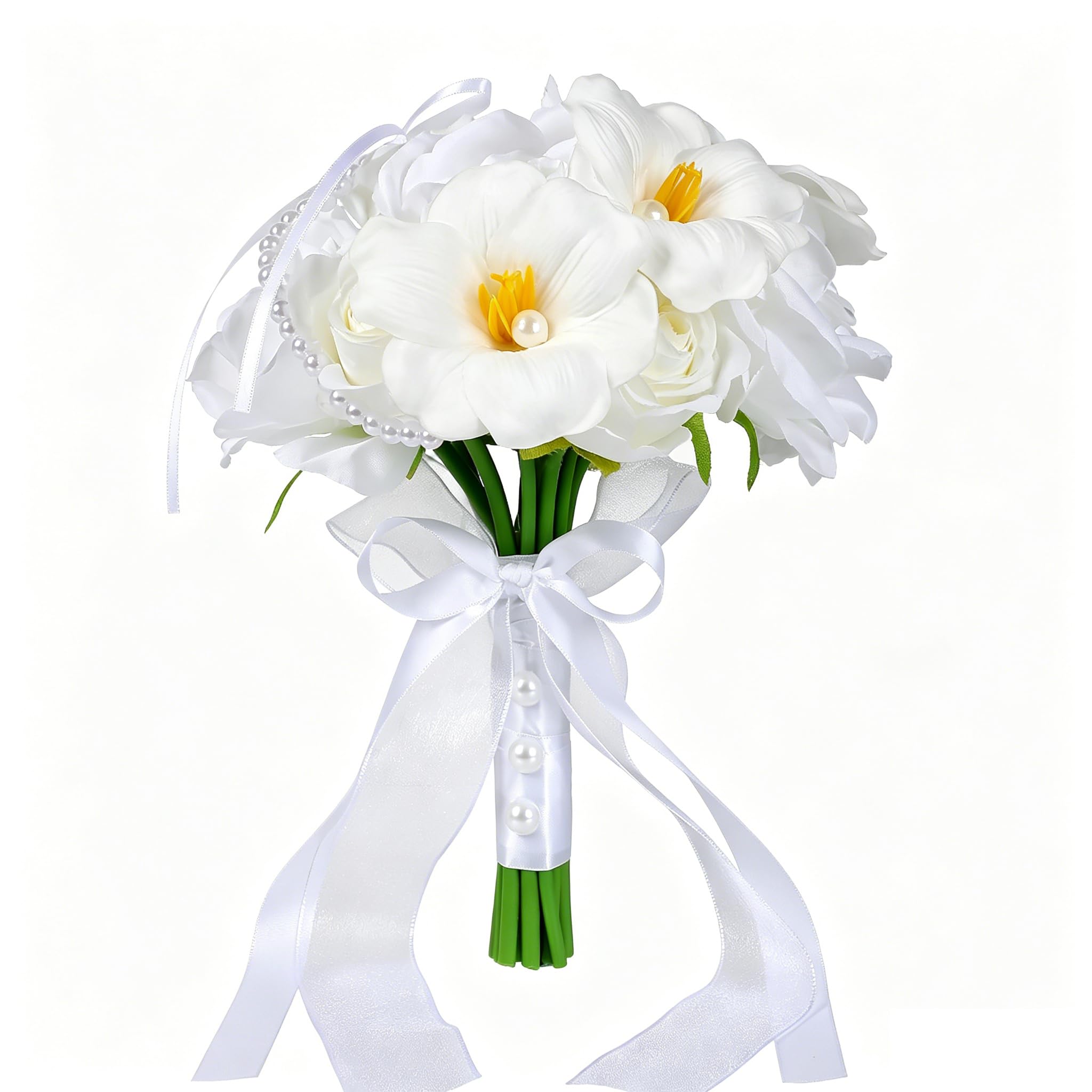 ZBELLO Bridal Bouquet,Realistic Rose Calla Bouquet White Artificial Rose Bridal Arrangement for Wedding Ceremony Maid Keepsakes Roses Bouquet for Ceremony Reception Bride Arrangement (L)
