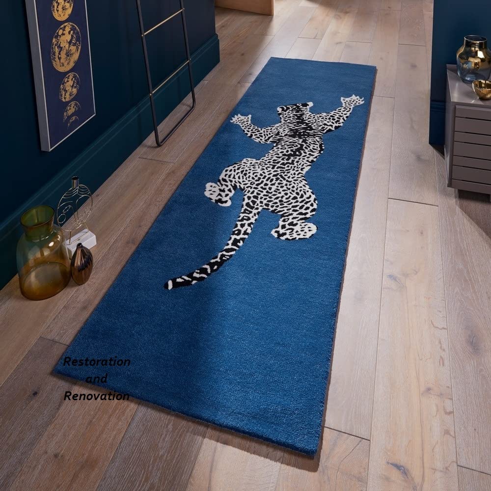 Restoration and Renovation Modern Handmade Climbing Jaguar Wool Area Rug | Animal Print Wool Rug for Living Room, Bedroom or Home Decor (Dark Blue,