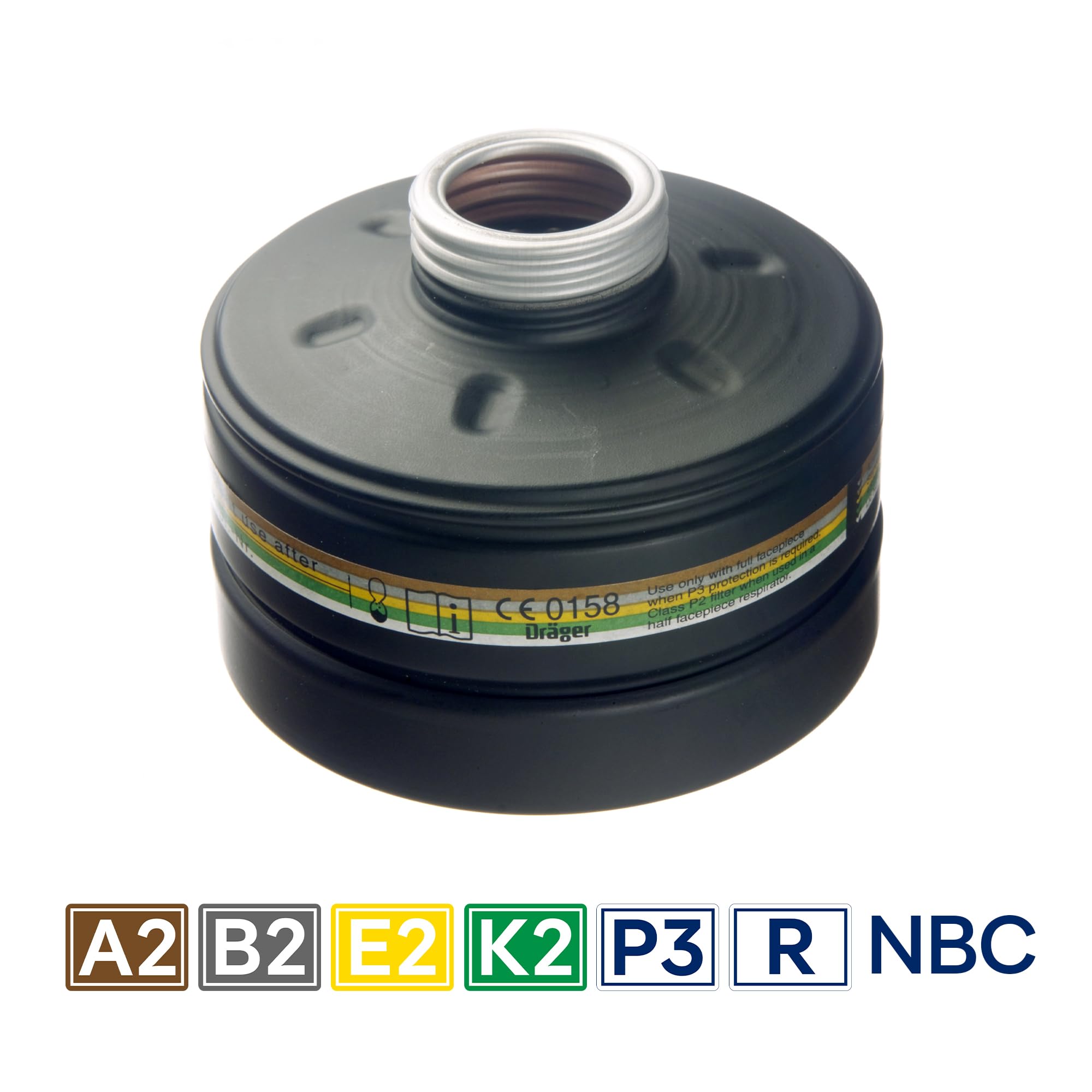 Dräger Filtro A2B2E2K2 P3 R D/NBC con conexión Rd40 Compatible con el respirador Dräger CDR 4500 | Alta protección civil respiratoria ante catástrofes