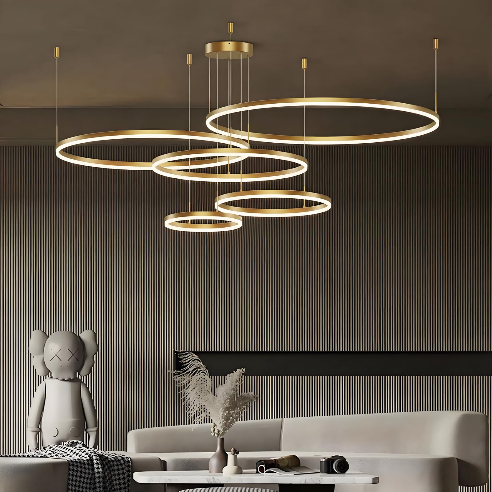 Metall LED Kronleuchter | 5 Kreise 20+40+60+80+100cm | 130W Rings Deckenhängelampe, Dimmbare Fernbedienung 3000–6000K, Acryl Schirm Pendelleuchte, Wohnzimmer Schlafzimmer Esszimmer【Gold】