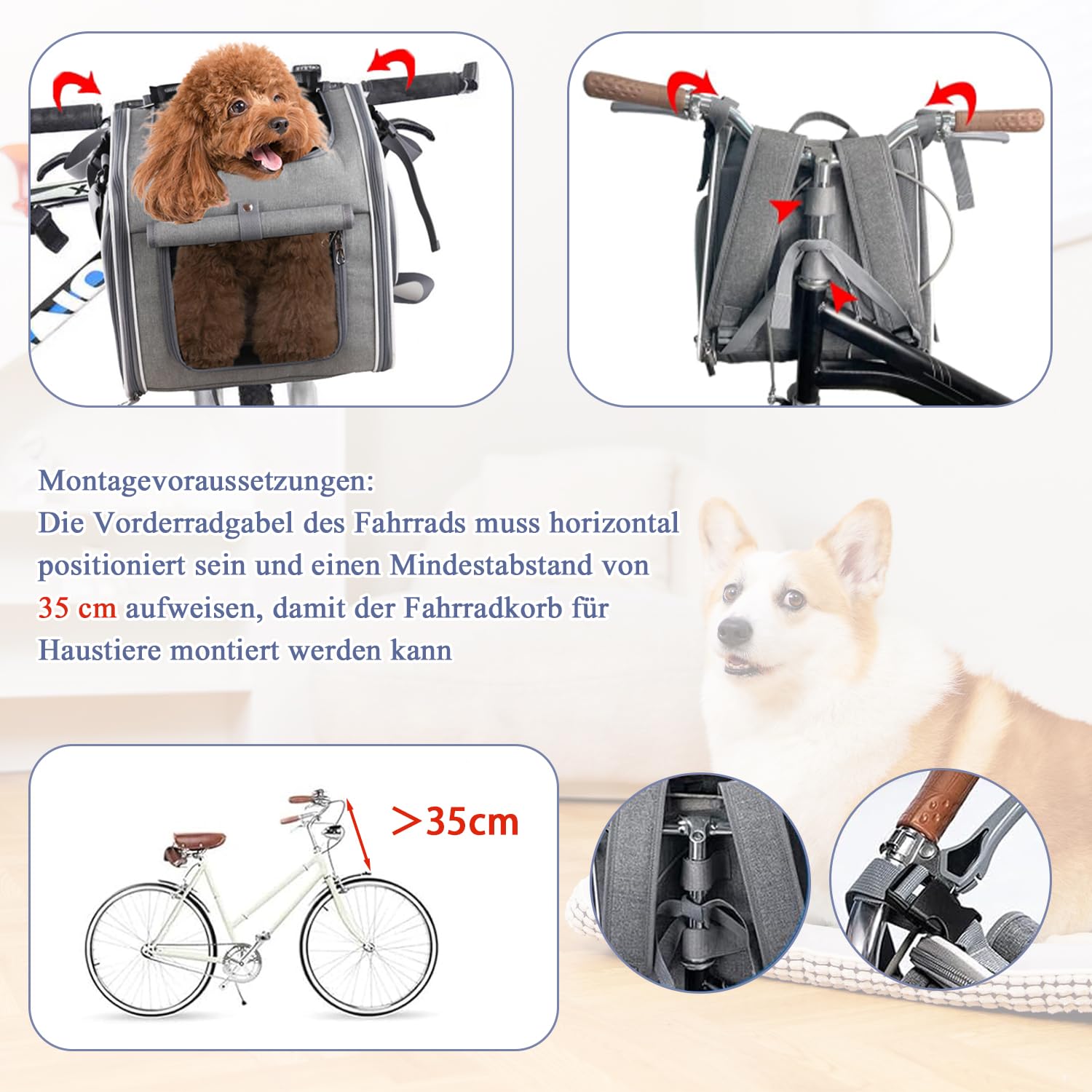 Panier pour Chien pour Vélo à L'avant, Panier pour Chien pour Vélo à L'avant avec 4 Portes Ouvrantes, 4 Fenêtres en Maille, Panier pour Chien pour Vélo Extensible et Pliable pour Chiens, Panier