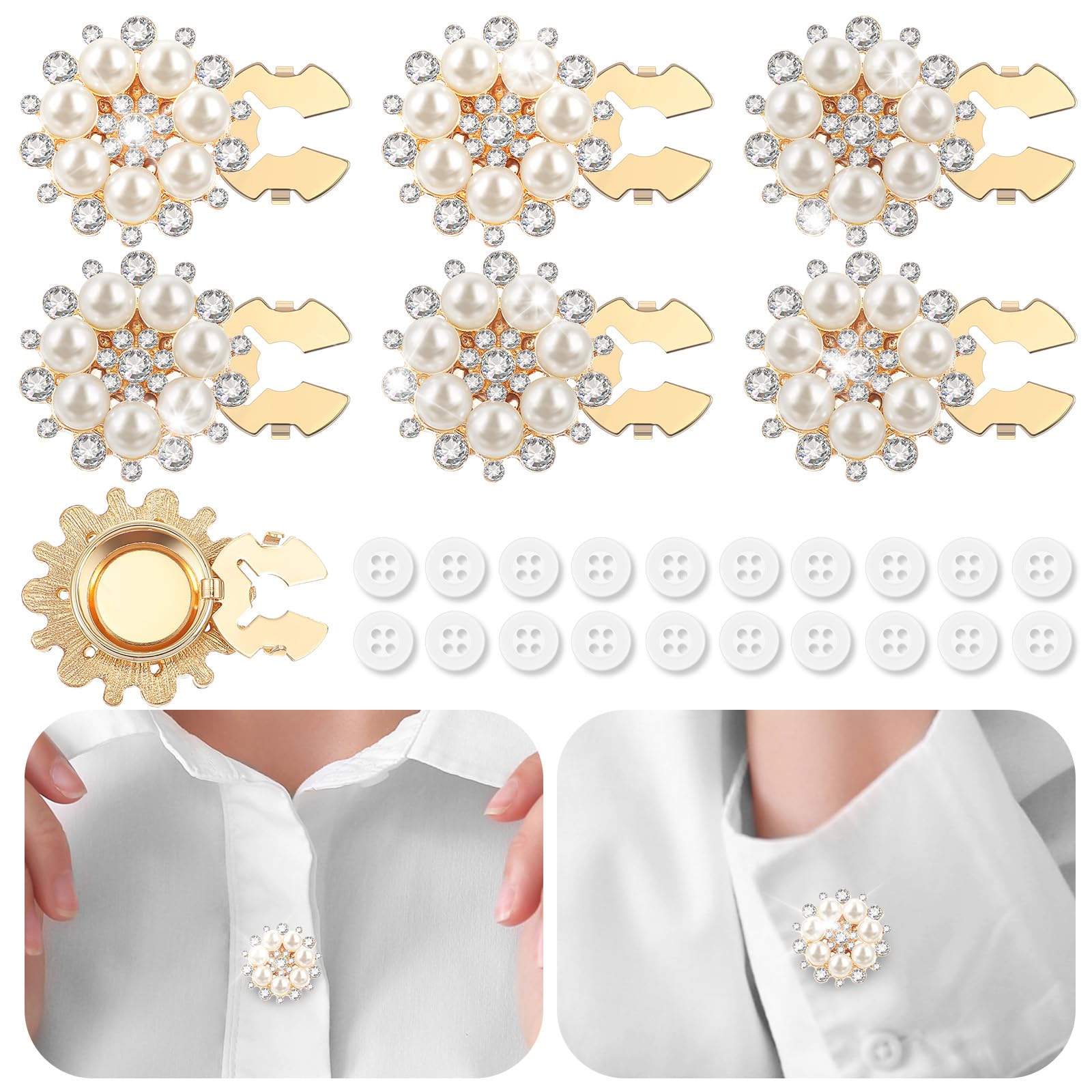 6 Sets Button Covers, Rhinestone Gold, Pearl Flower Clip on