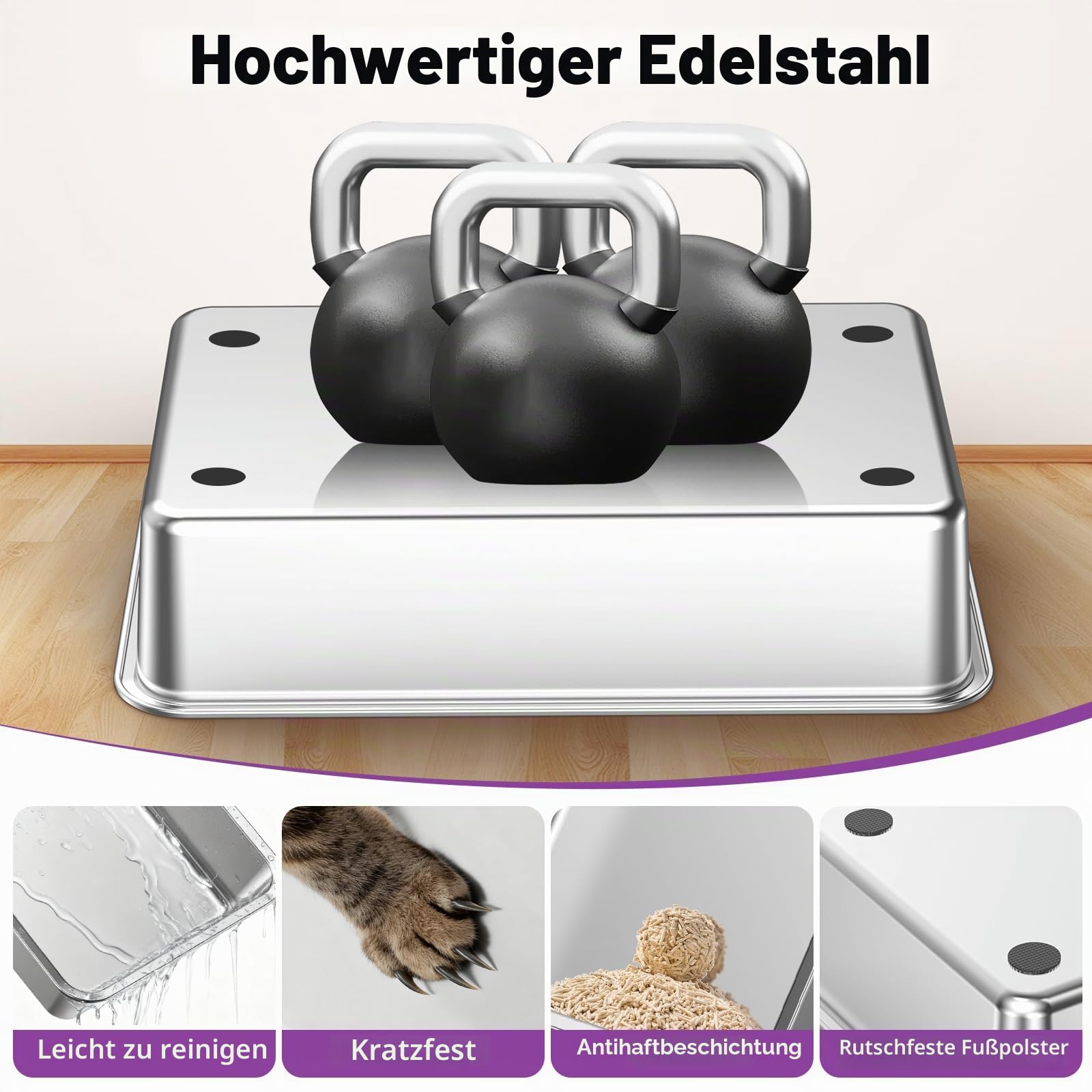 Edelstahl Katzentoilette Offen Hochseitig, Dunkelgrau, 1 Stück