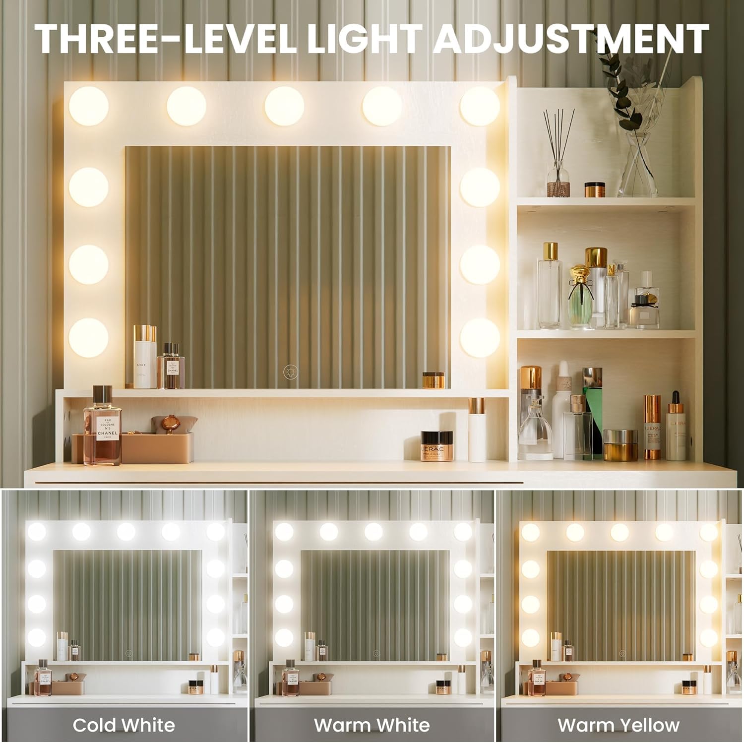 Schminktisch, Schminktisch mit 3-farbigem LED-Spiegel & Einstellbarer Helligkeit, 2 große Schubladen, großer Schrank, 4 offene Ablagen, extra breiter Schreibtisch, gepolsterter