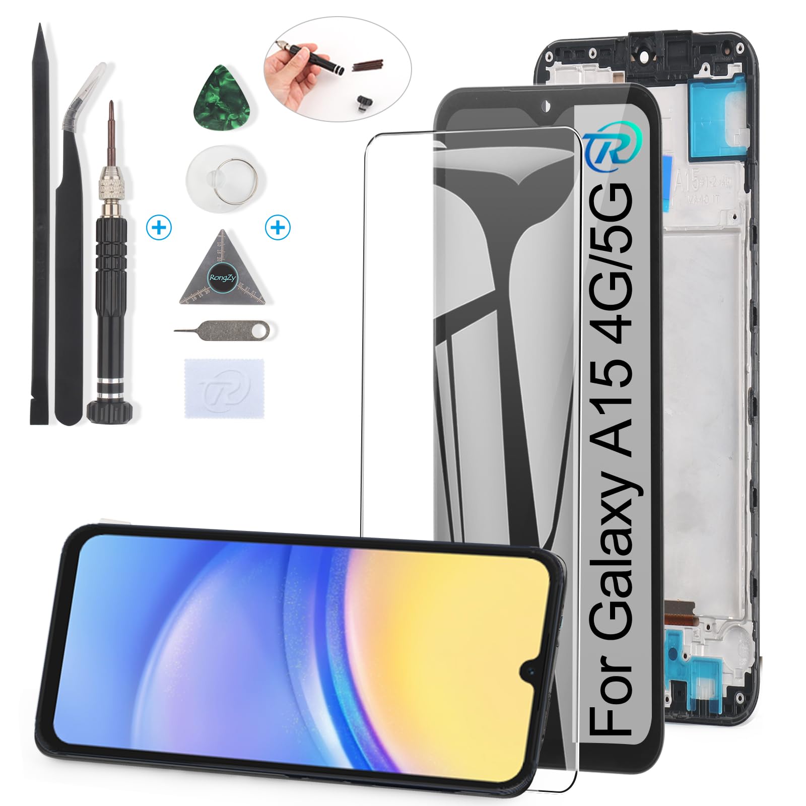 RongZy Pantalla para Samsung Galaxy A15 4G A155F Táctil LCD de Repuesto Ensamblaje Digitalizador Reemplazo para Samsung Galaxy A15 5G A156B con Herramientas de Reparación(Negro con Marco)