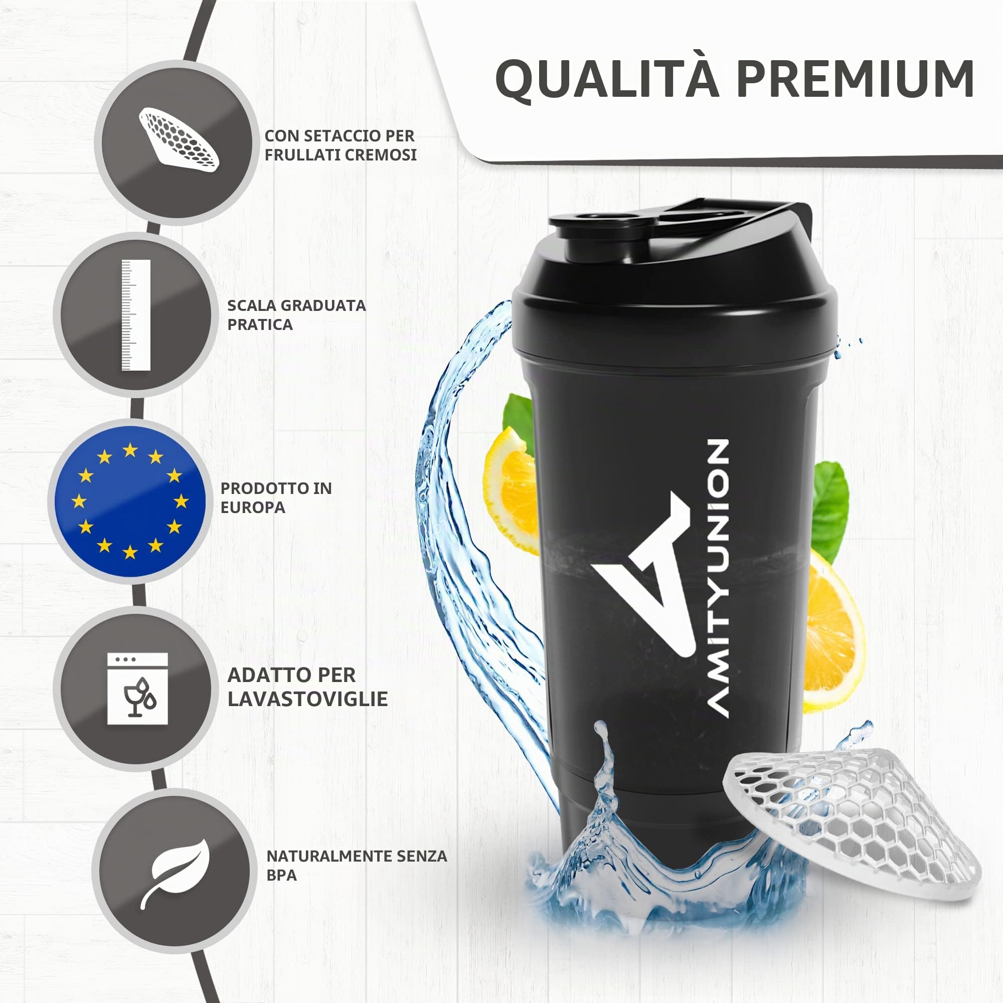 AMITYUNION Shaker per proteine ​​FYRA 700 ml con contenitore - scomparto polvere - shaker per proteine, senza BPA con setaccio e scala per frullati di siero di latte e BCCA, (Black)