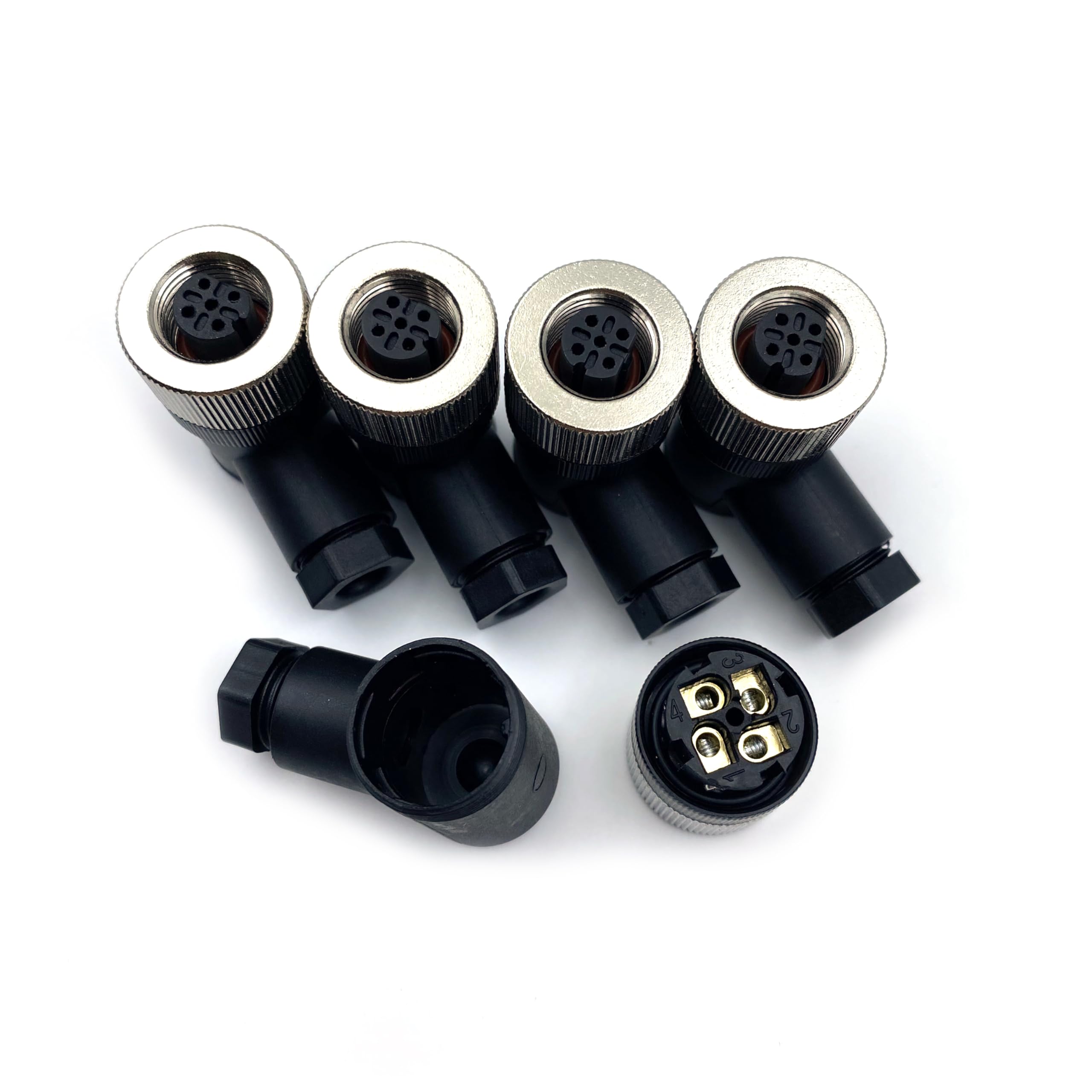 5 Pcs M12 4 Pin Female Connector, IP67 Waterproof D Code Industrial Circular Connector Field Assembly Wireable Adapter Unshielded Right Angle Type Sensor for PG7 Cable 250V 4A
