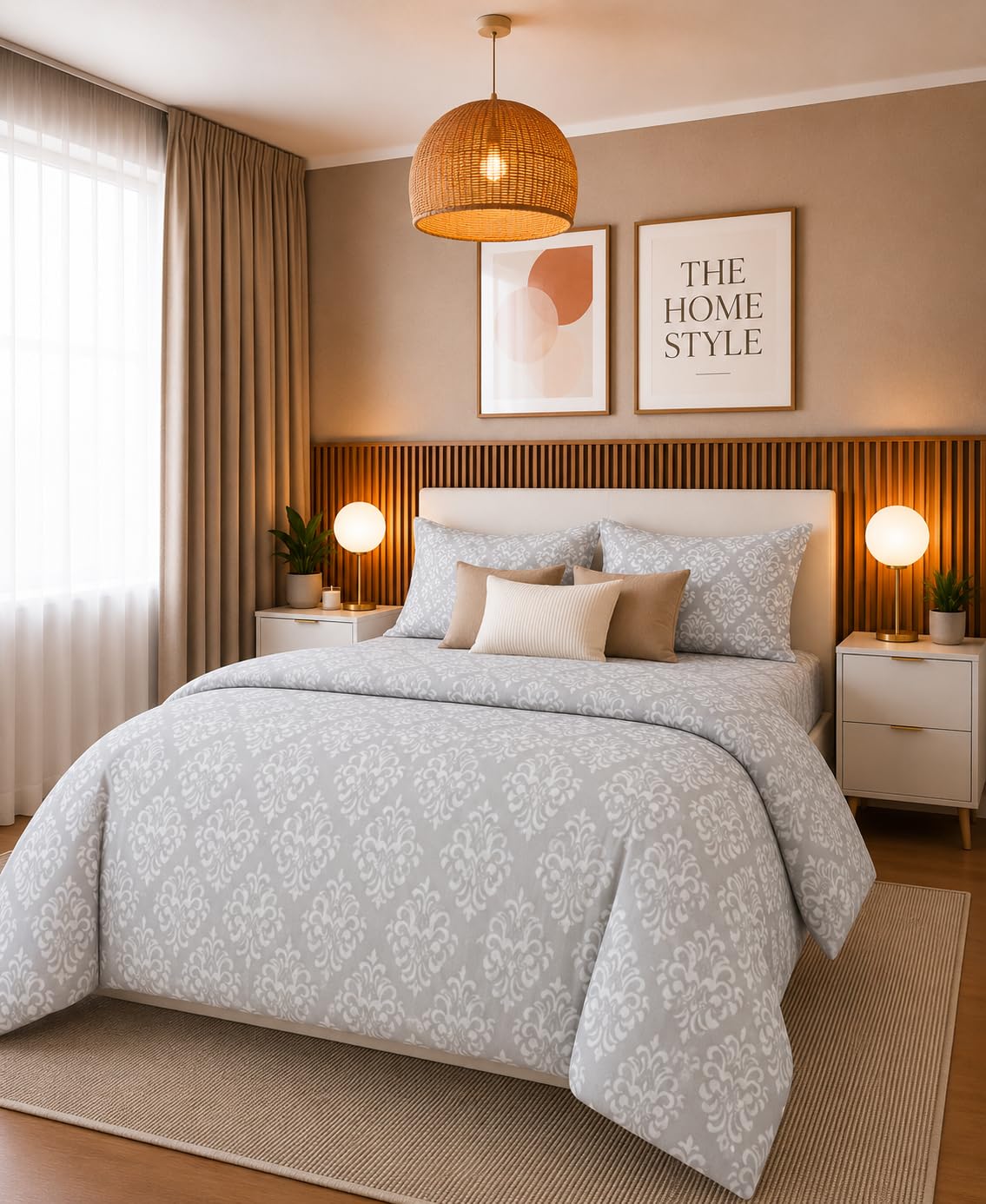 THE HOME STYLE Supersoft Glace Cotton Elastic Fitted All Around King Size Printed Double Bedsheet with 2 Pillow Cover & King Size Comforter/Duvet/Blanket (72"x78" + Comforter, Pearl Grey Barocca)