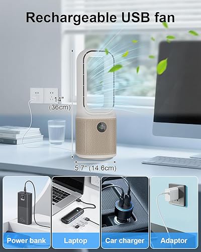Miniatura 7 de Ventilador de escritorio, pequeño ventilador silencioso sin aspas con ajuste de 9 velocidades y 3 modos de luz, recargable por USB de 14 pulgadas