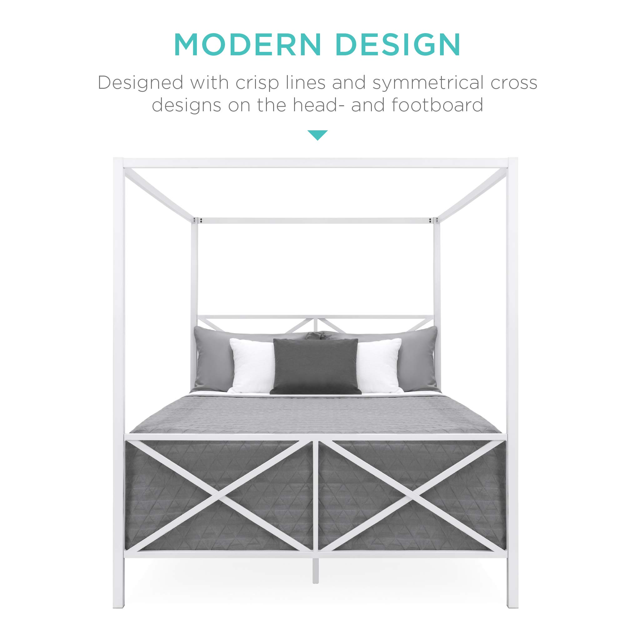 Best Choice Products 4-Post Queen Size Modern Metal Canopy Bed w/Mattress Support, Built-in Headboard, Footboard, Classic, Customizable Design - White