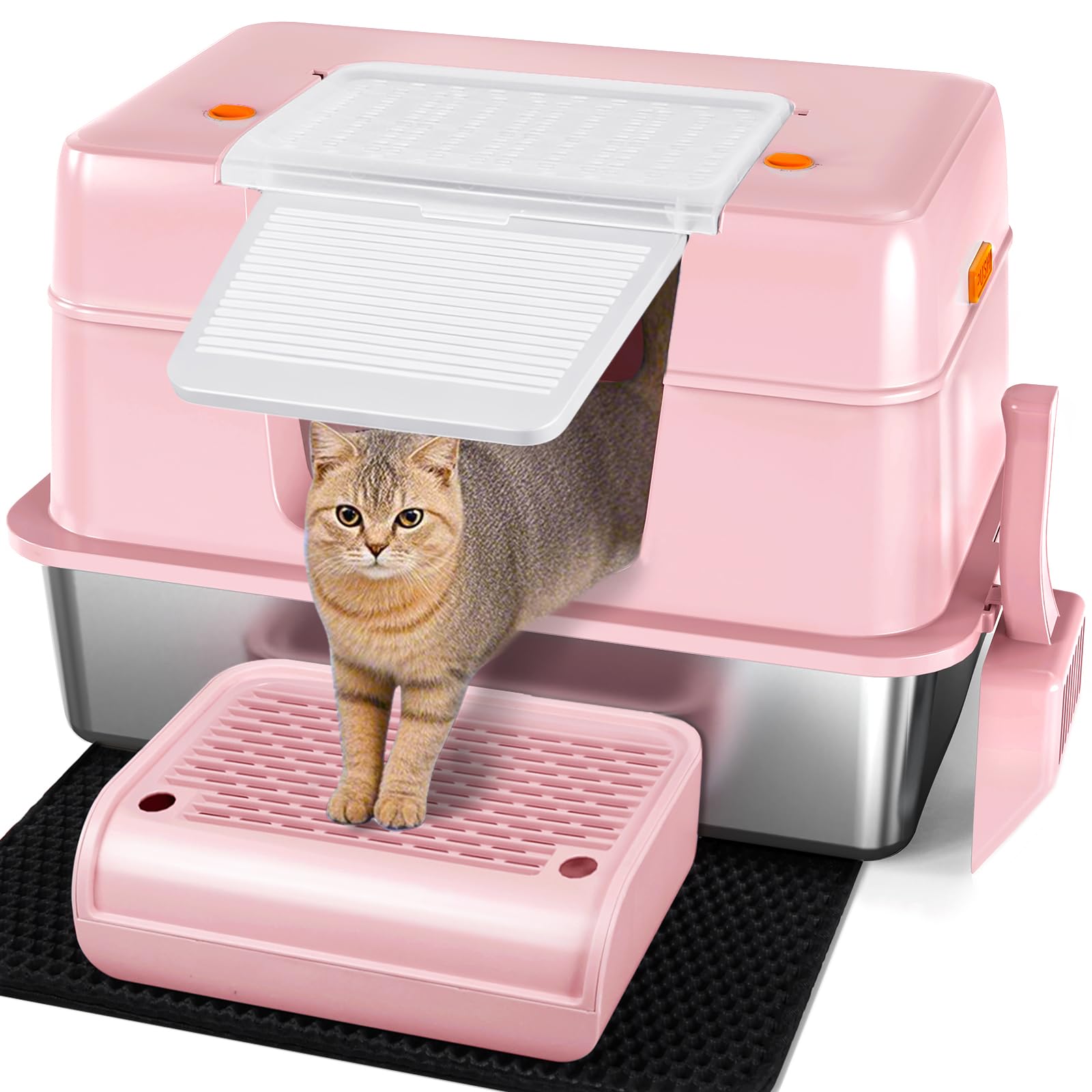Vivifying Caja de arena para gatos de acero inoxidable con tapa, XL, fácil de limpiar y resistente a los olores, acero inoxidable, con pedales, pala y alfombrilla (rosa)