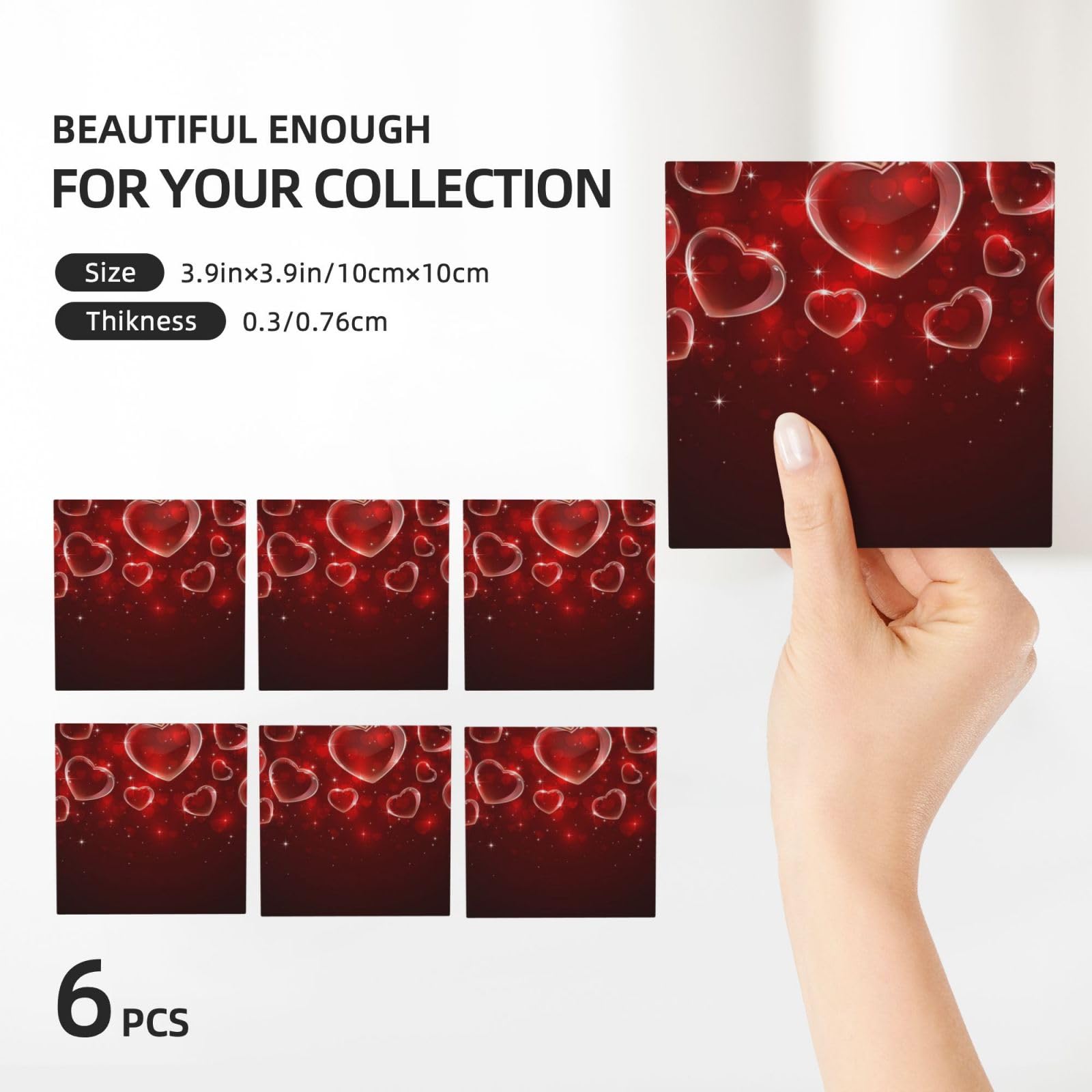 Lot de 6 dessous de verre absorbants en céramique avec base en liège Motif cœur rouge