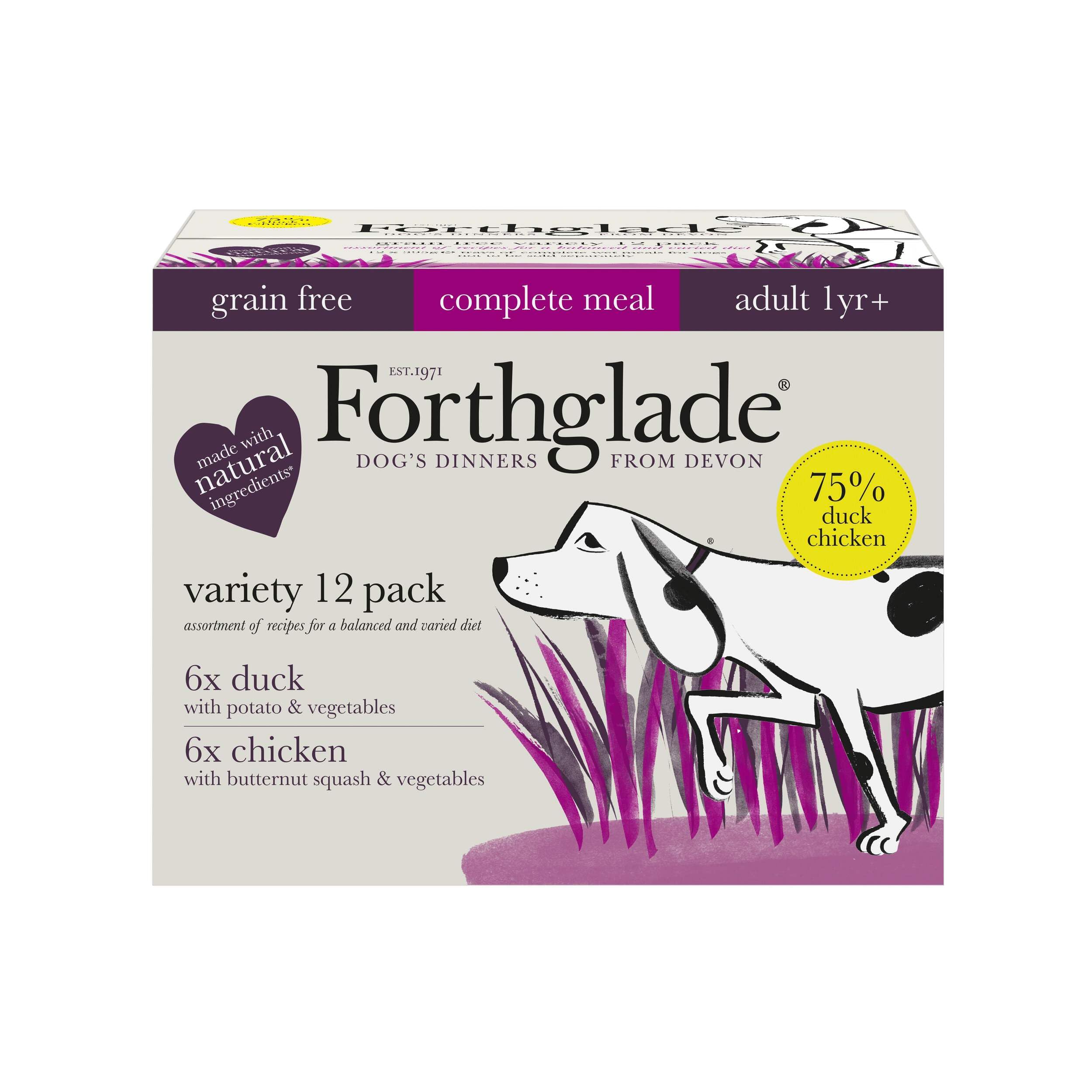 Forthglade Adult Grain Free Variety Pack With Chicken, Duck & Vegetables 12x395g With Dog Brush