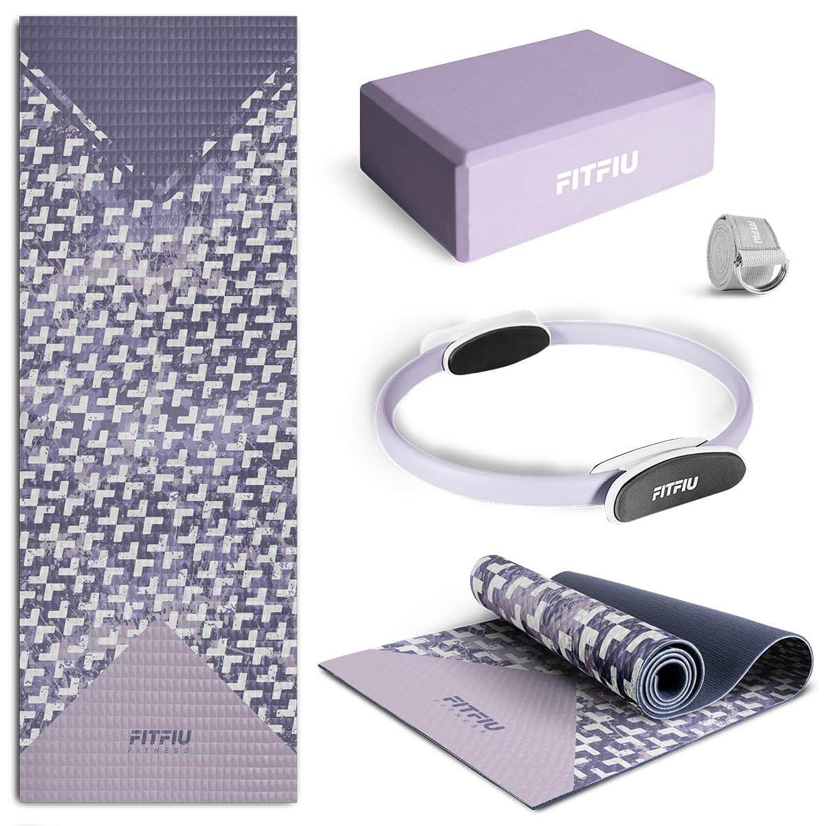 Fitfiu Fitness KITWELL-400 Pack di 4 Accessori Yoga Pilates Colore Lilla con Tappetino, Blocco, Anello e Cinghia Include Guida di Esercizi Wellness