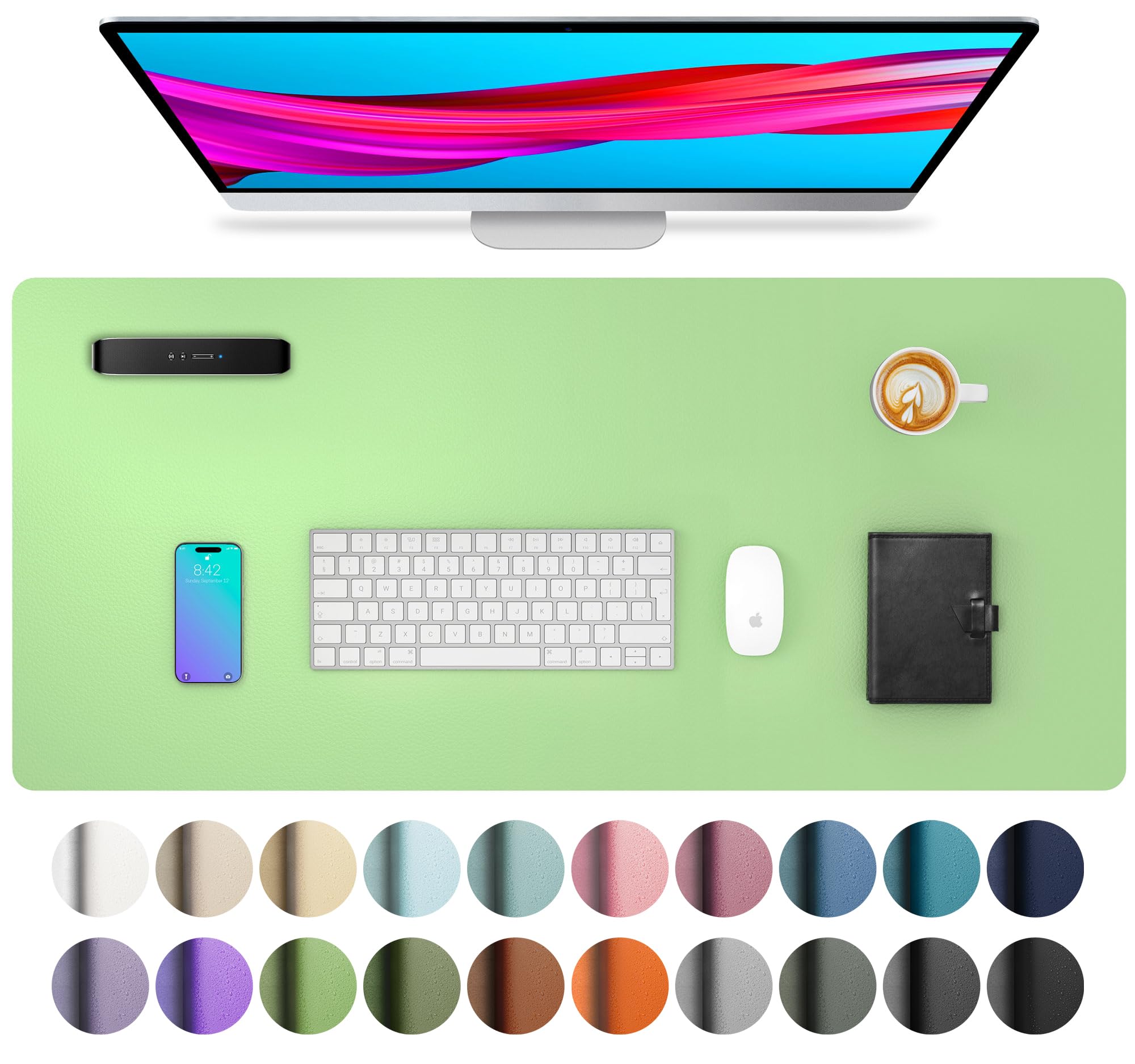 Aothia Leather Desk Pad Protector, Mouse Pad, Office Desk Mat, Non-Slip PU Leather Desk Blotter, Laptop Desk Pad, Waterproof Desk Writing Pad for Office and Home (23.6" x 13.7", Foam Green)