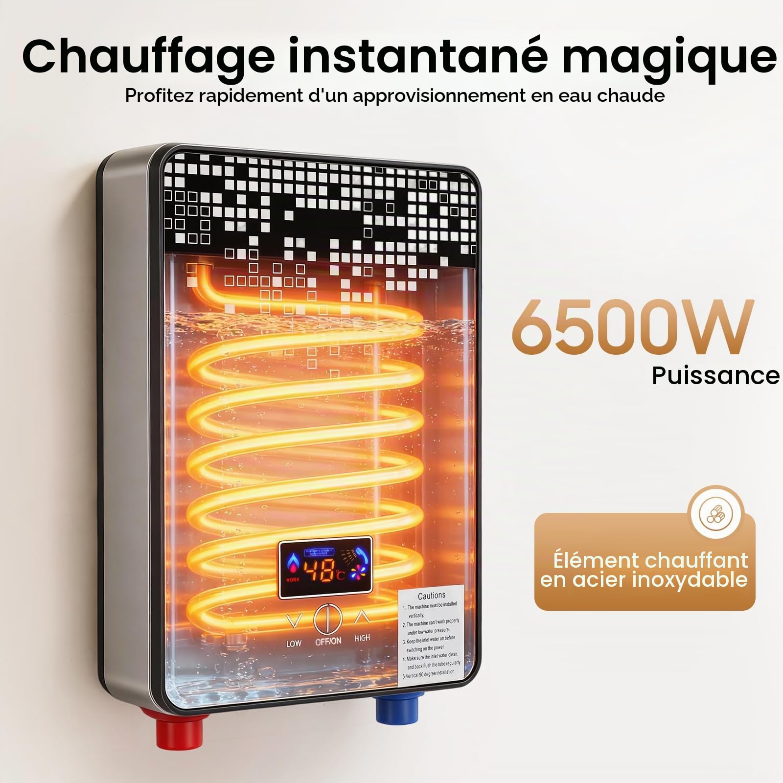 Chauffe-eau électrique 6500 W, chauffe-eau électrique avec écran LED, température réglable, température réglable, étanche IPX24, chauffe-eau, avec douchette à main, pour salle de bain et douche