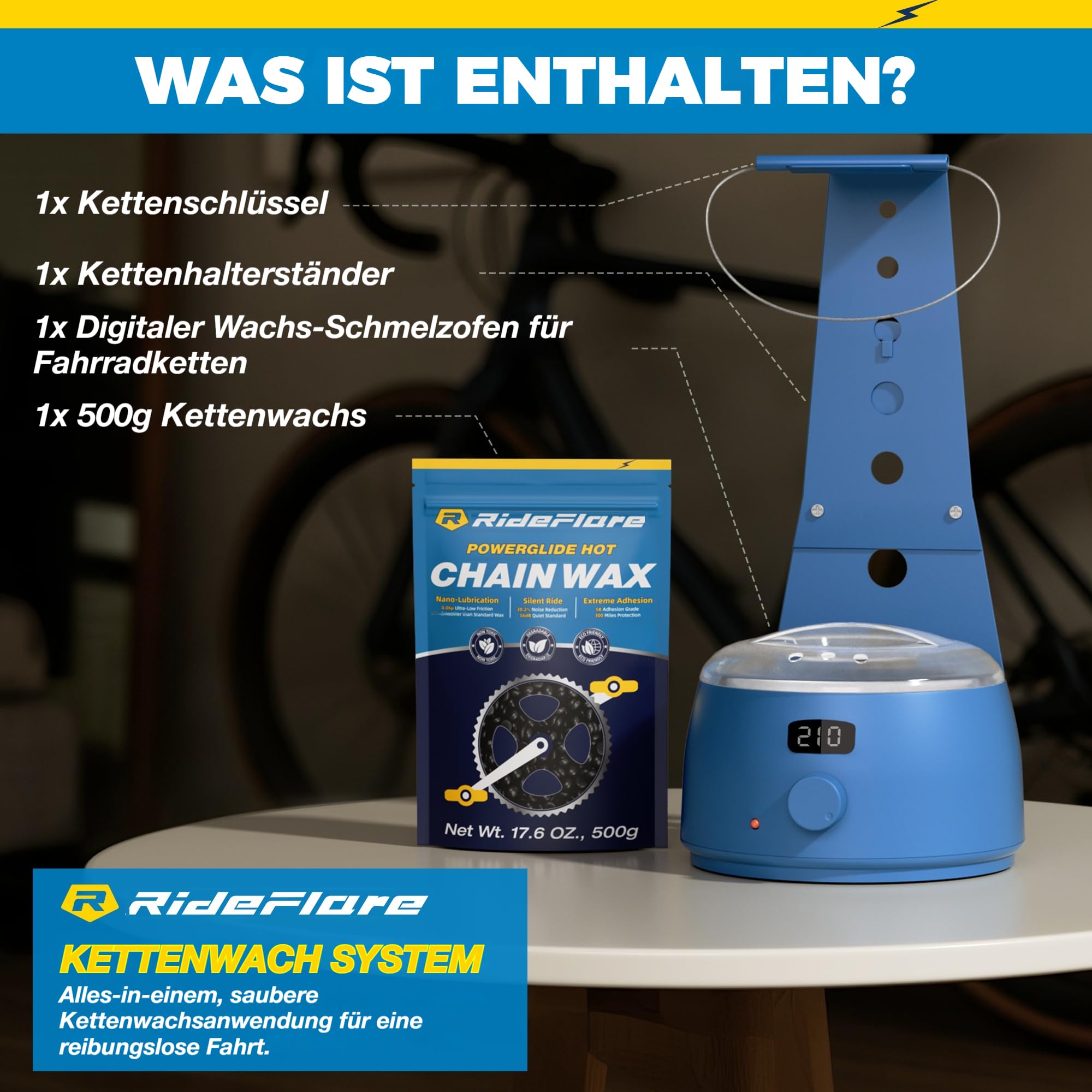 RideFlare Fahrrad-Kettenwachs-Schmelzsystem – Sauberes Kettenwachs-Topf mit präziser Temperaturkontrolle und ultra-niedrigem Reibungswachs für einen leisen, sauberen Antriebsstrang