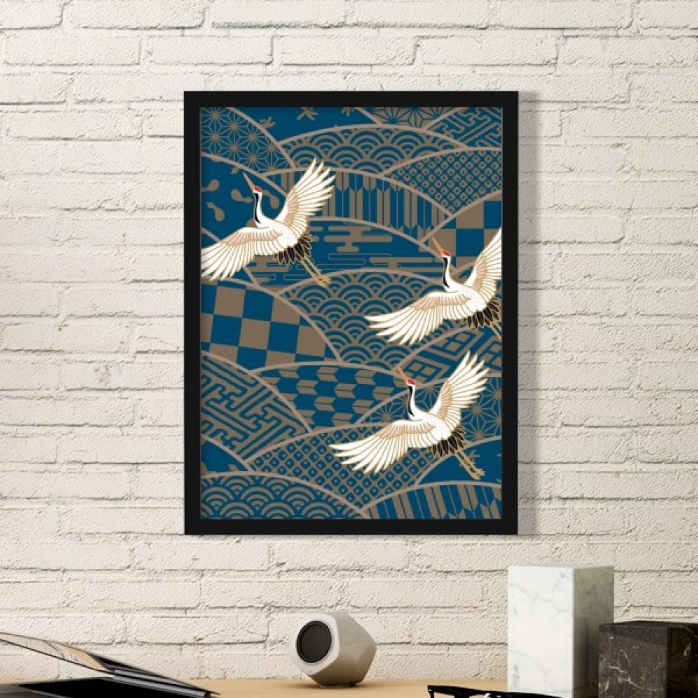 Affiche géométrie simple grues et feuilles d'érable avec cadre noir medium DIYthinker