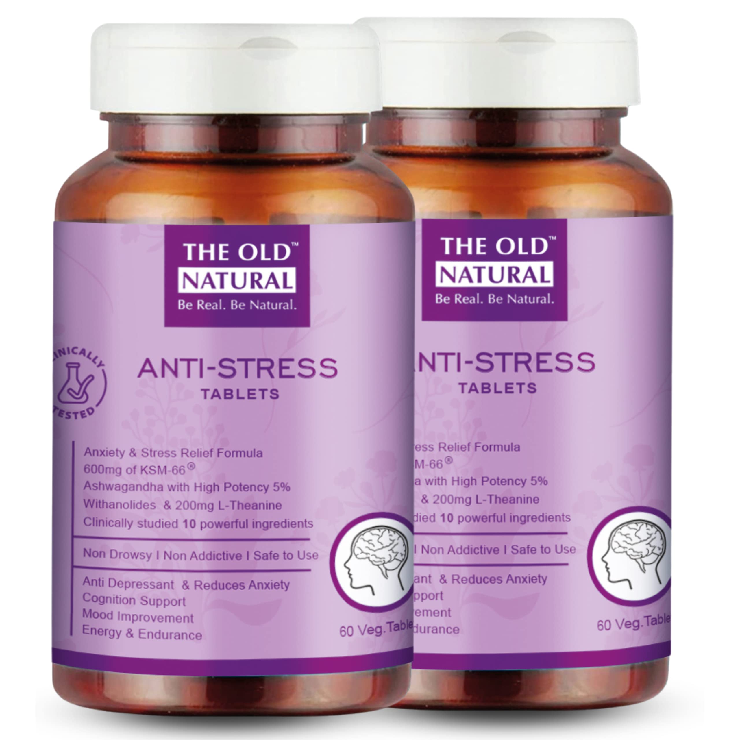 The Old Natural Anti Stress Tablets - Ashwagandha Ksm 66 Extract, L-Theanine, Brahmi, Chamomile Combination For Relieving Stress (Pack of 2-120 Tablets)