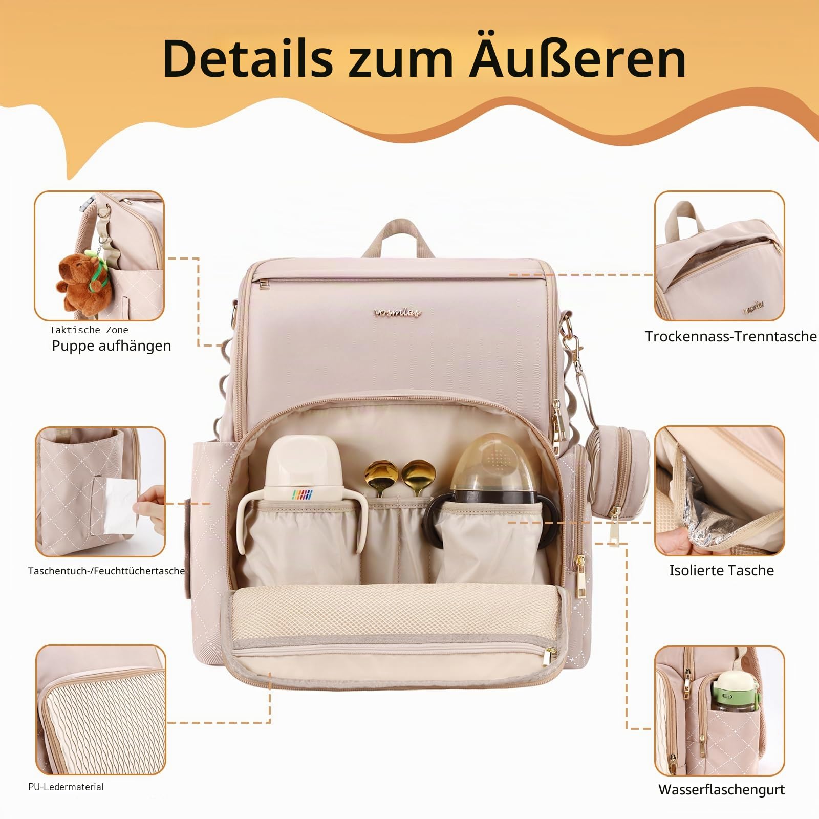 Stilvolle Baby Wickeltasche Großer Wickelrucksack mit Multifunktions – mit Wickelauflage, abnehmbarem Schnullerhalter, Kinderwagengurten - für Mama und Papa