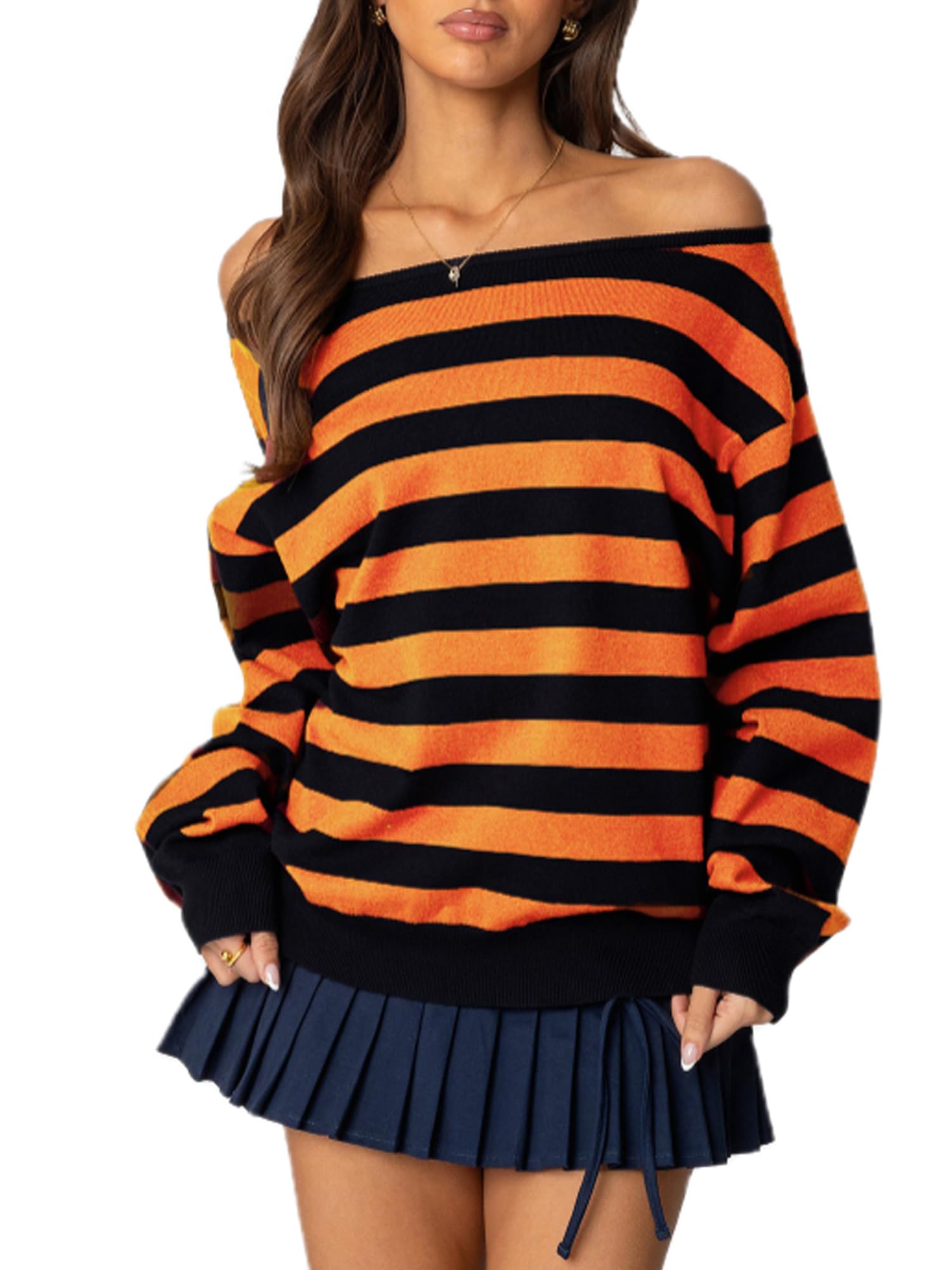 Women Y2K Off The Shoulder Knit Sweater Long Sleeve Color Block Oversized Striped Knit Pullover Harajuku Preppy E-Girl Jumper Tops (A-Yellow, S)